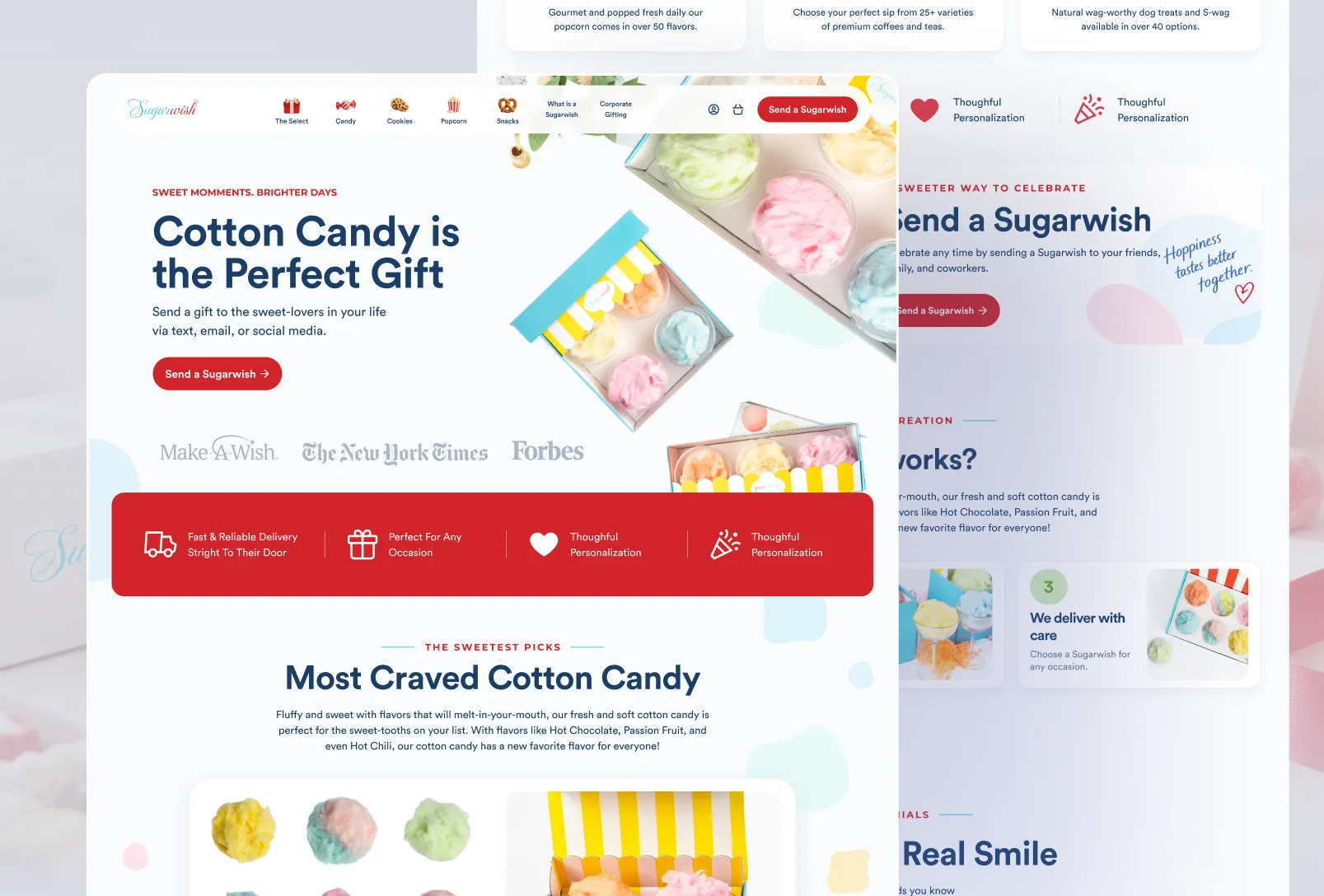 Cotton Candy occasion landing page with a hero, a red benefits bar and a product section
