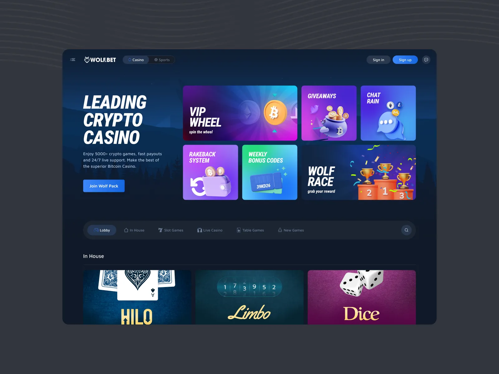Wolfbet home page with promotion cards above a game category bar and a row of in-house games: HiLo, Limbo and Dice