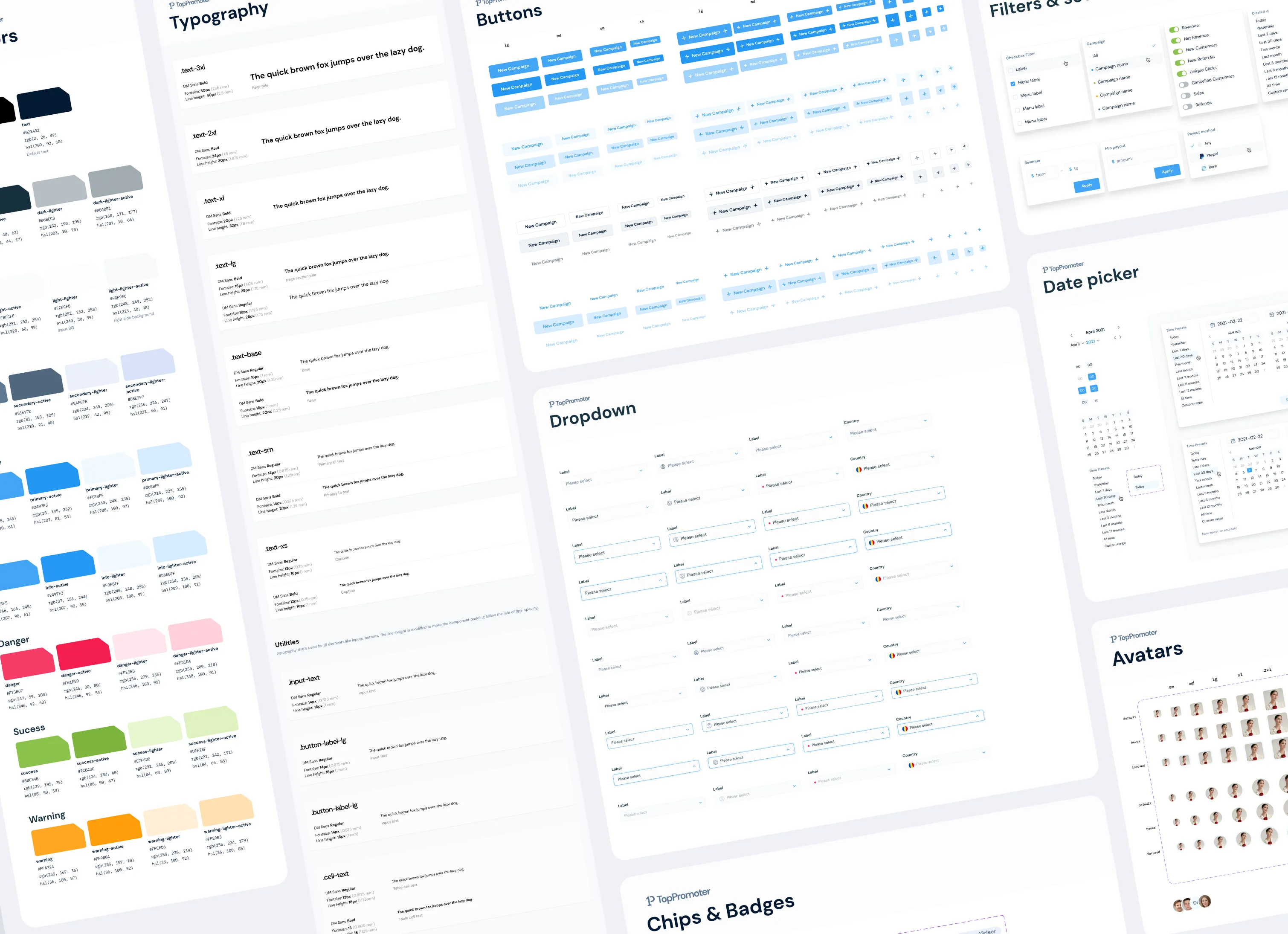 Design system sheets: typography, colour scales, buttons, dropdowns and badges