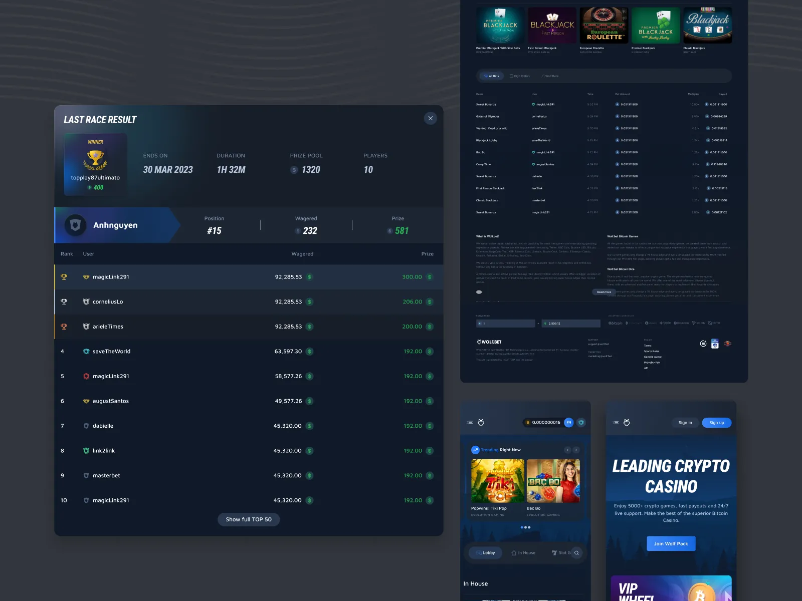 Last Race Result panel with a ranked list of players, a full home page and the mobile home with a Leading Crypto Casino headline