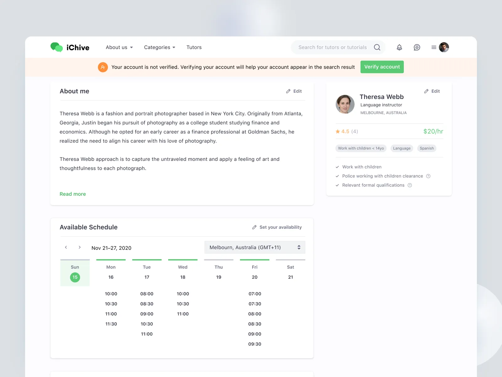 Tutor profile with a bio, rating, price and a weekly available schedule the tutor can edit