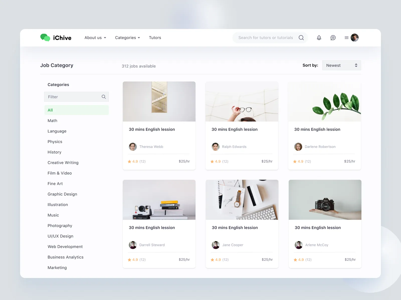 Category page with a filter list and tutor cards showing rating and hourly price