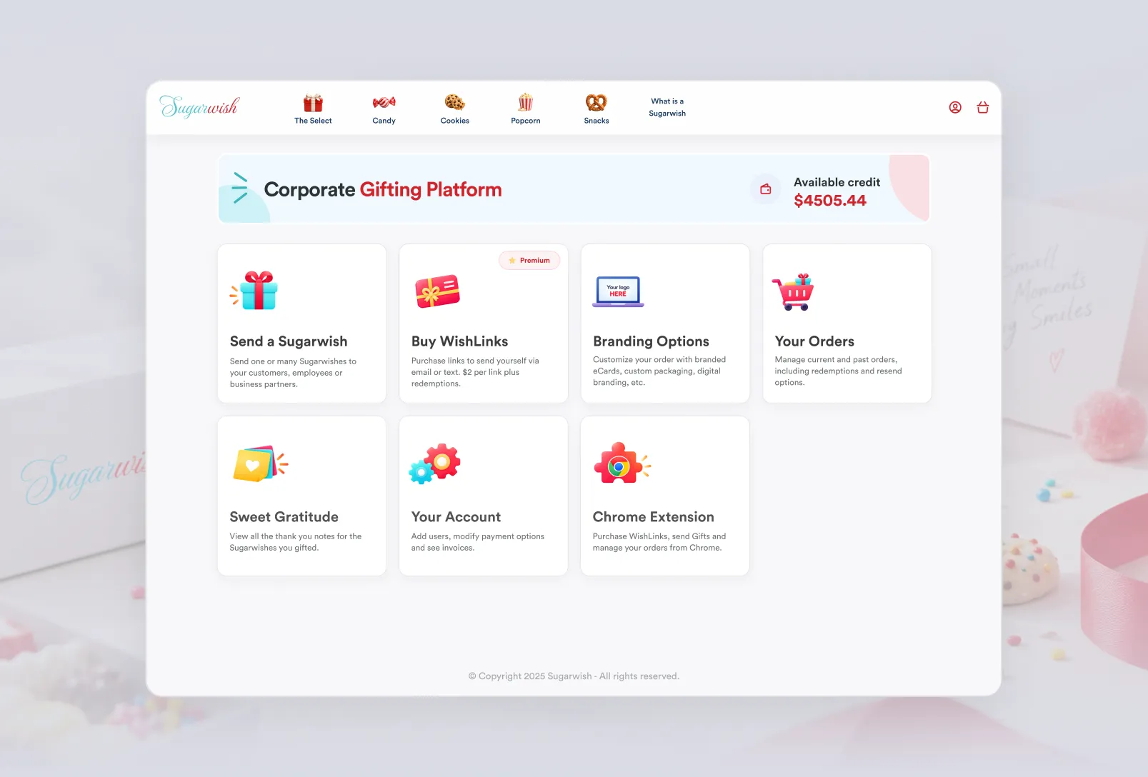 Corporate Gifting Platform home with cards for Send a Sugarwish, Buy WishLinks, Branding Options and Your Orders