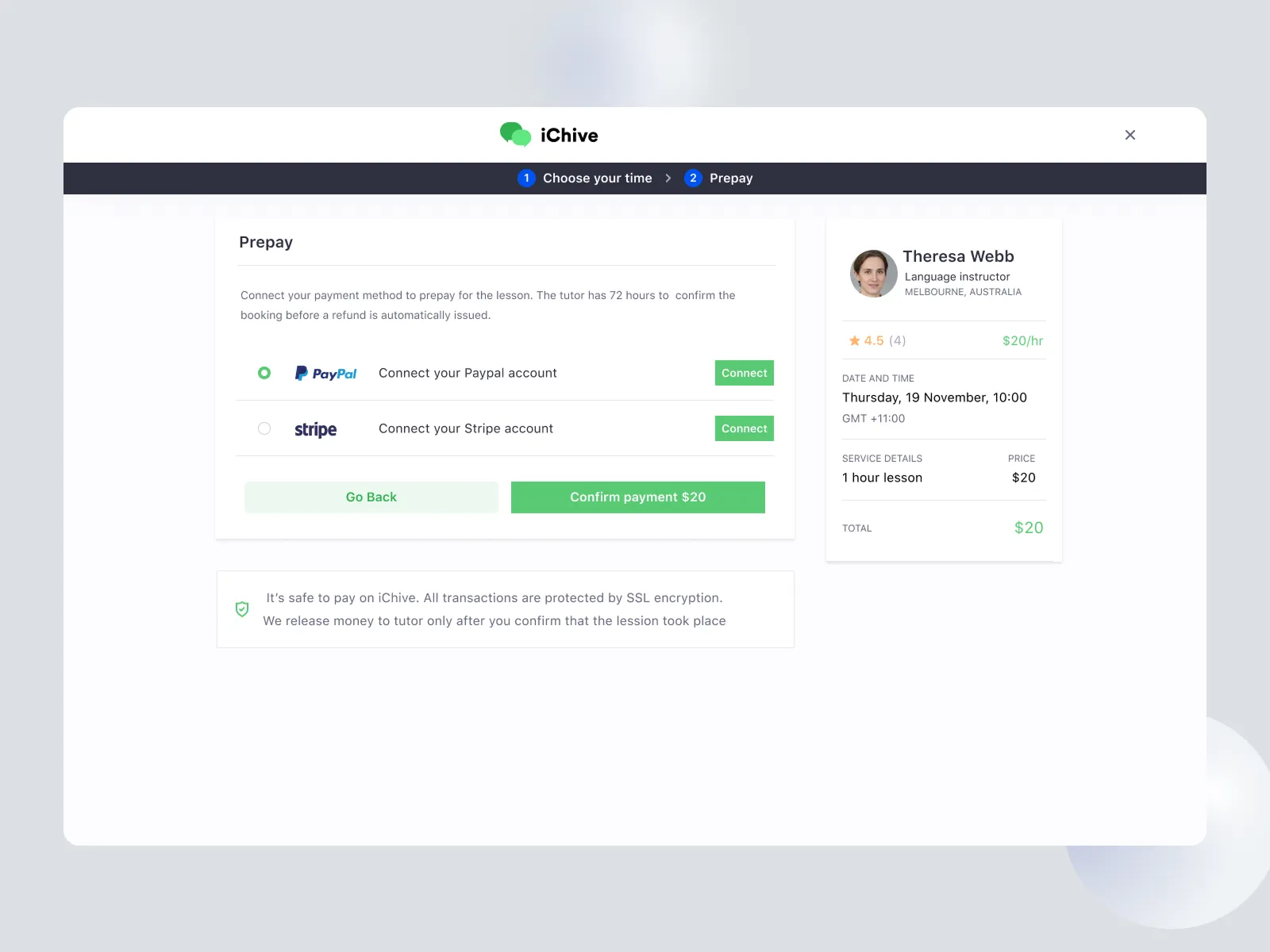 Prepay step with PayPal and Stripe options and a booking summary showing the date, time and price