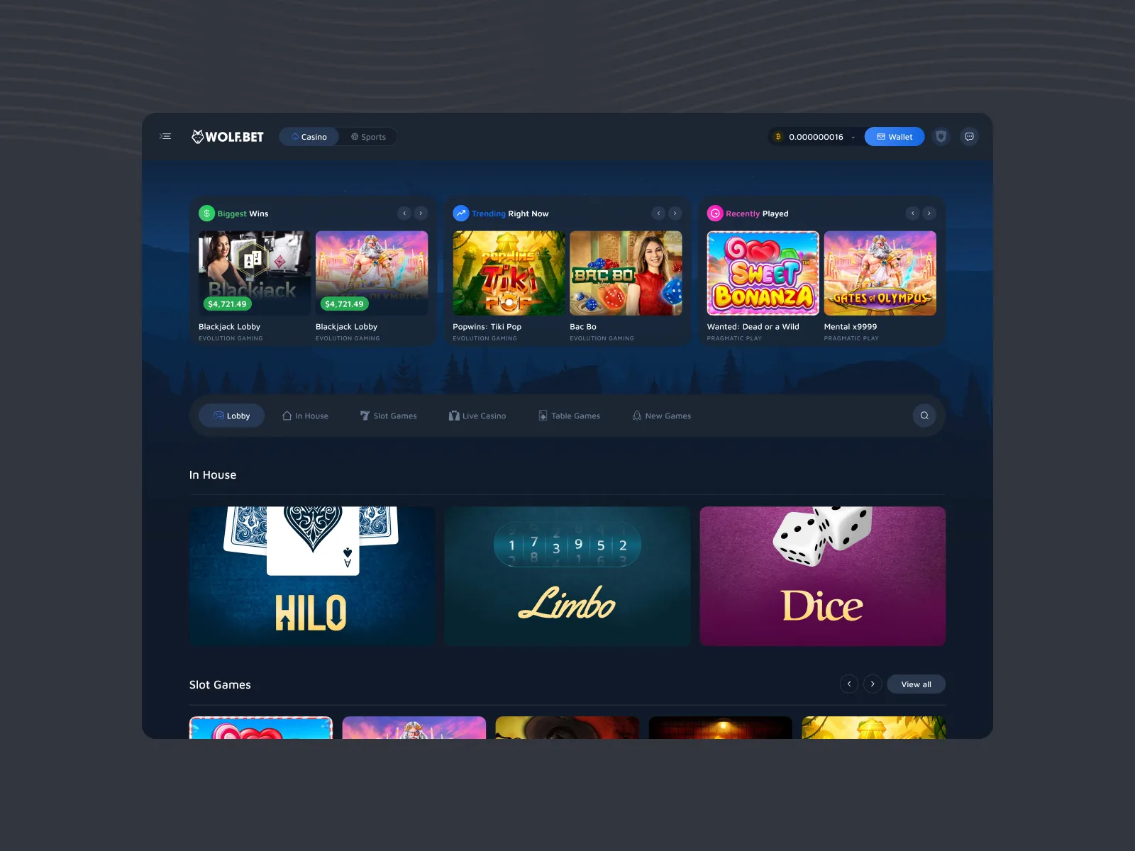 Logged-in lobby with Biggest Wins, Trending Right Now and Recently Played carousels above in-house games and slot games