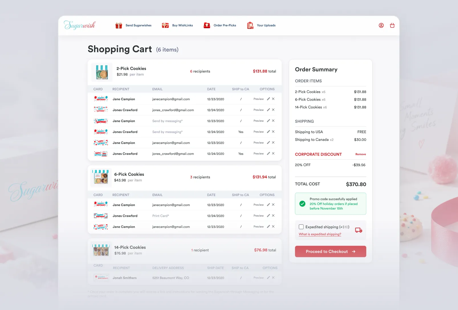 Shopping cart listing each gift with its recipients, delivery dates and an order summary with a corporate discount