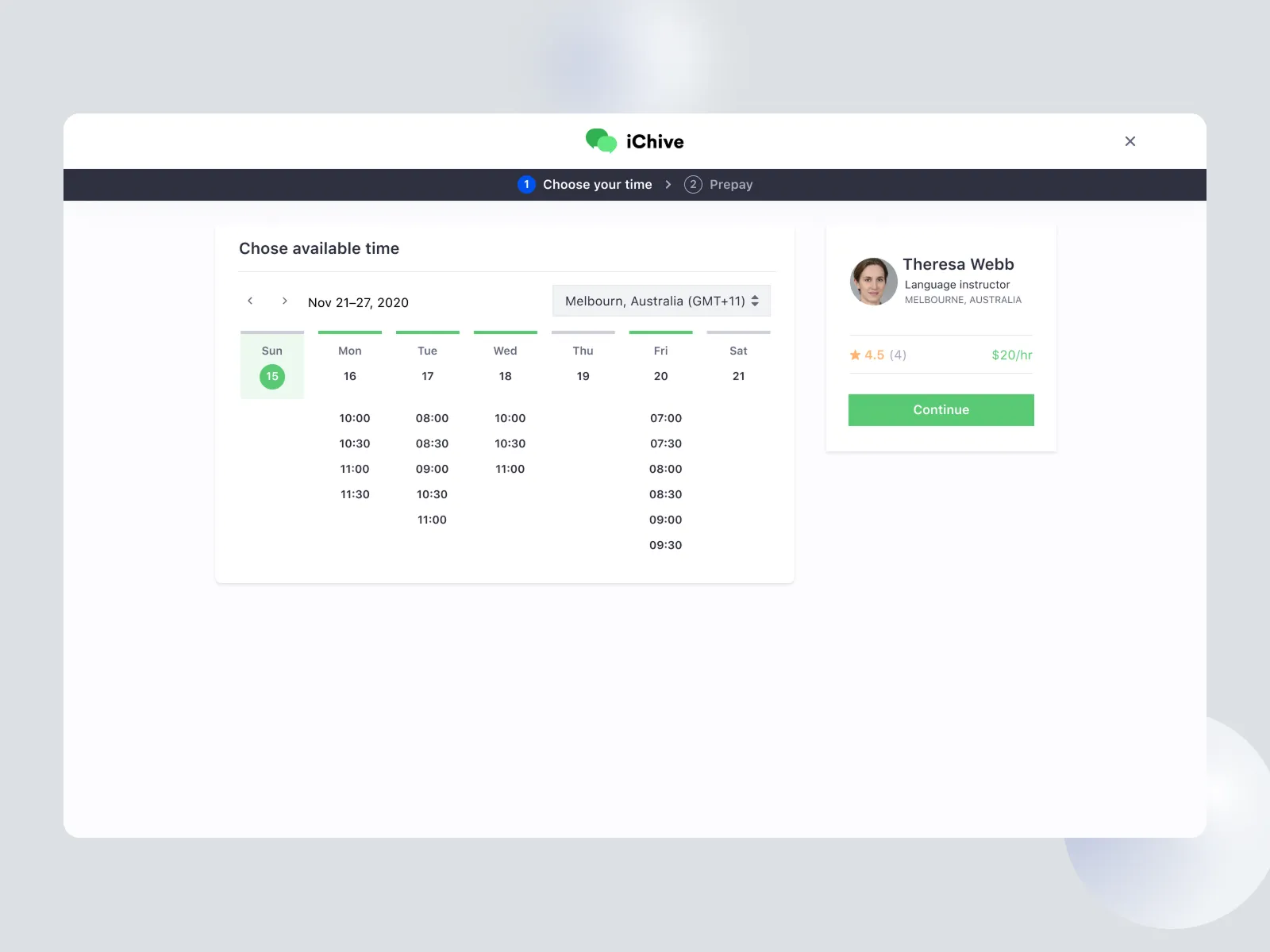 Choose-available-time screen with a weekly calendar and a time-zone selector beside the tutor's rate and rating