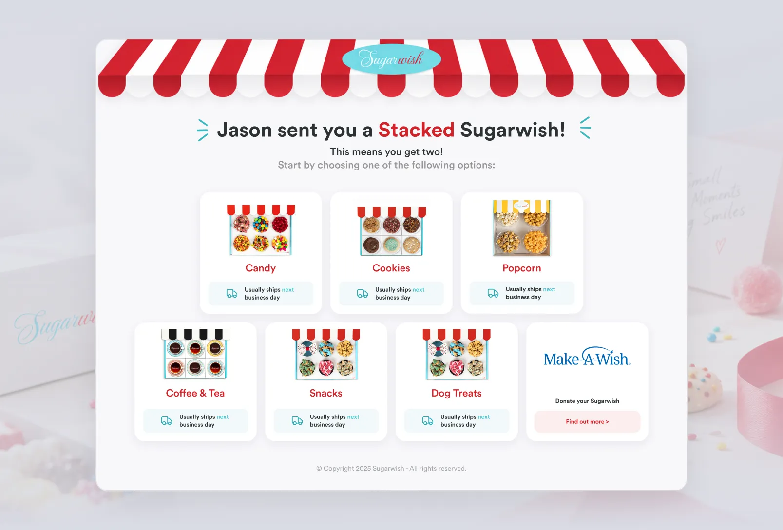 Recipient screen where a stacked Sugarwish lets them choose from candy, cookies, popcorn, coffee, snacks and dog treats