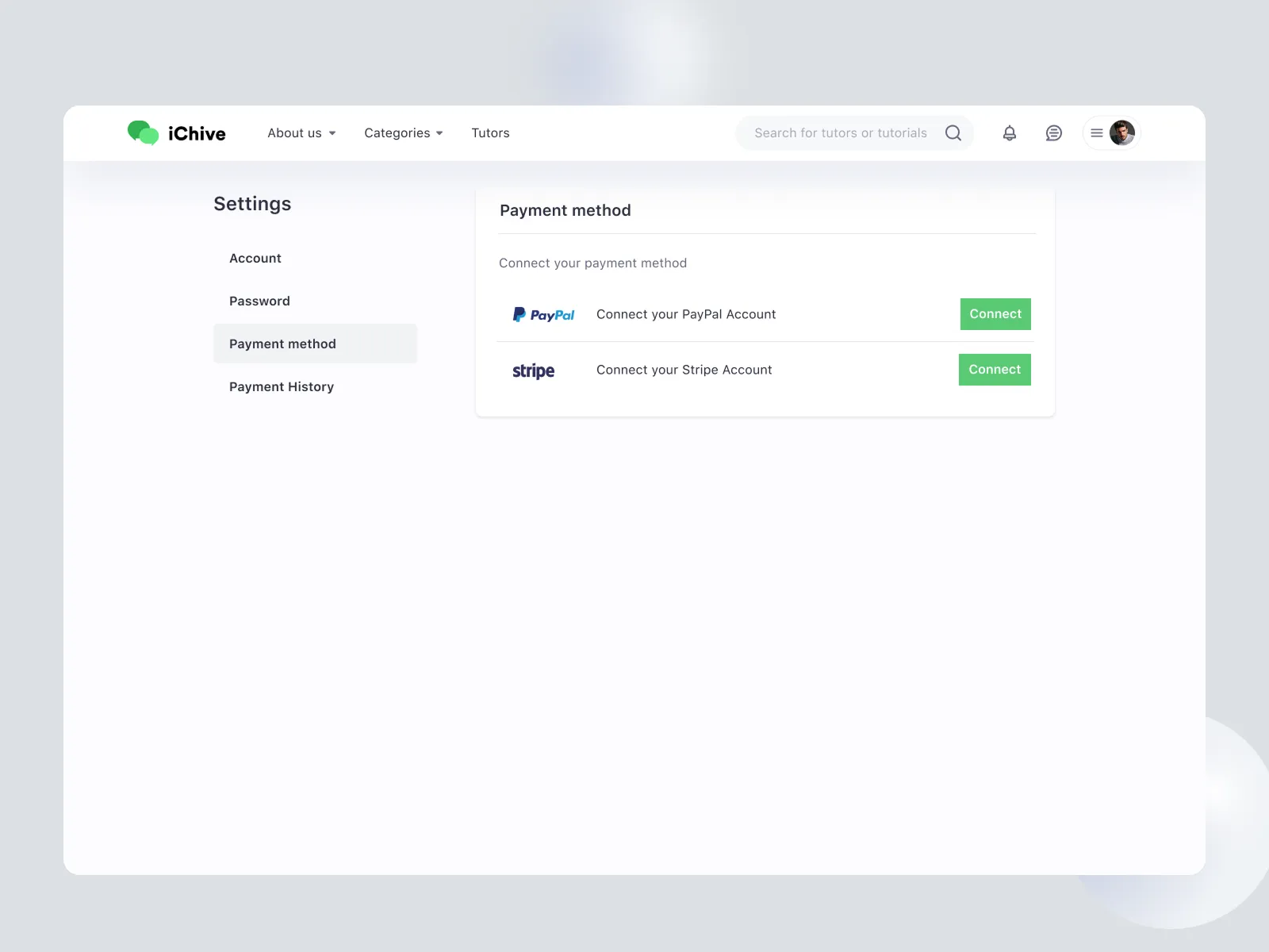 Payment method settings for connecting PayPal or Stripe