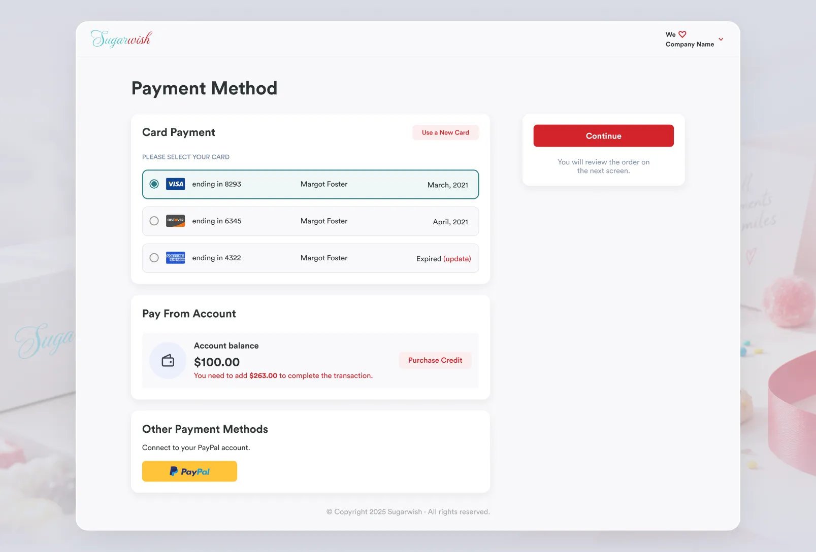Payment method screen with saved cards, account balance and PayPal