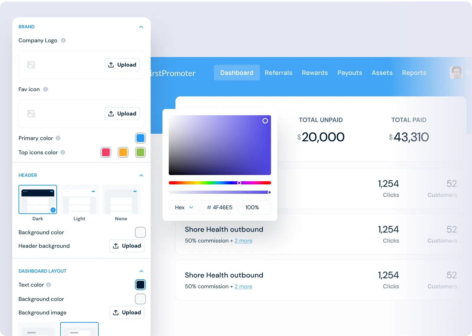 Affiliate dashboard editor with brand settings and a live preview