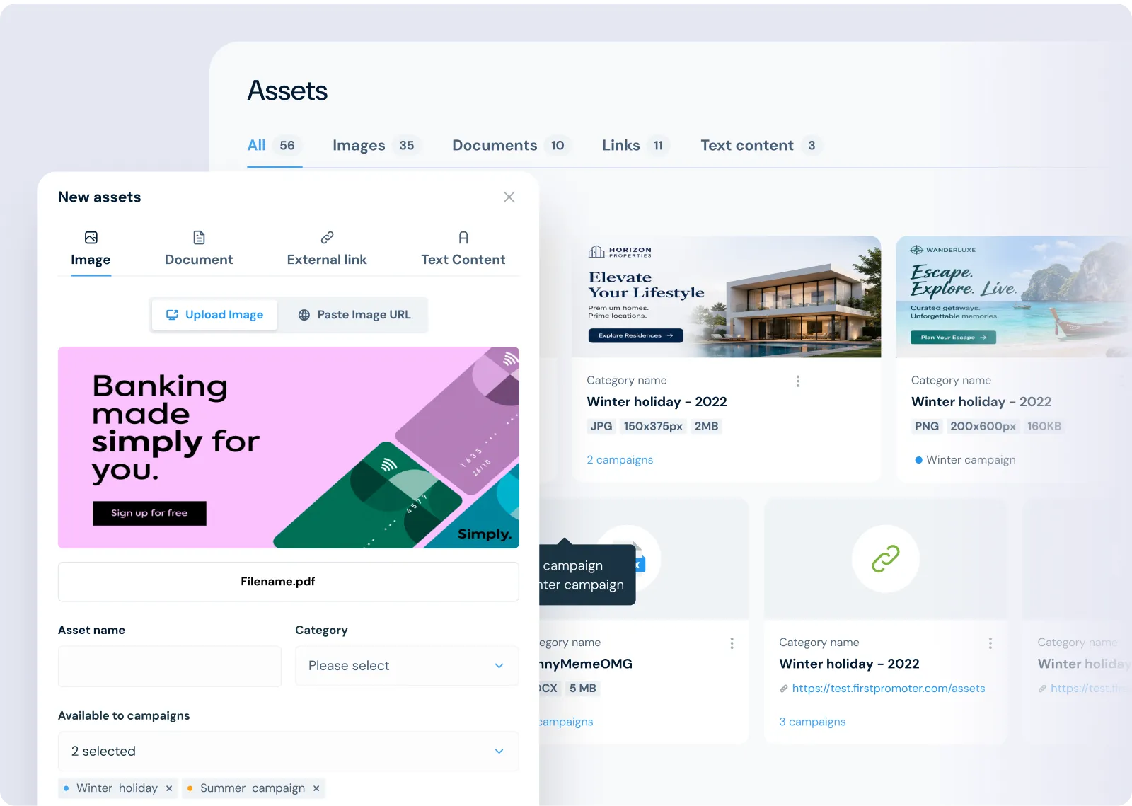 Assets library for sharing images, documents and links with affiliates