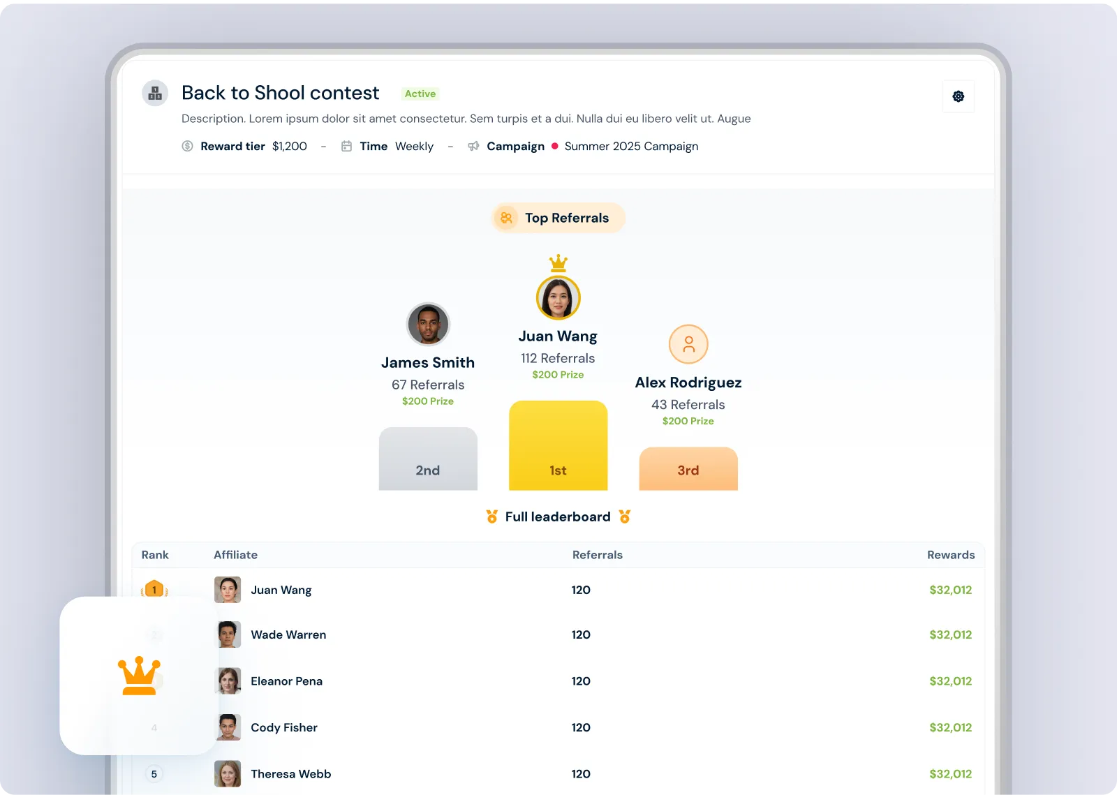 Referral contest with a podium and full leaderboard