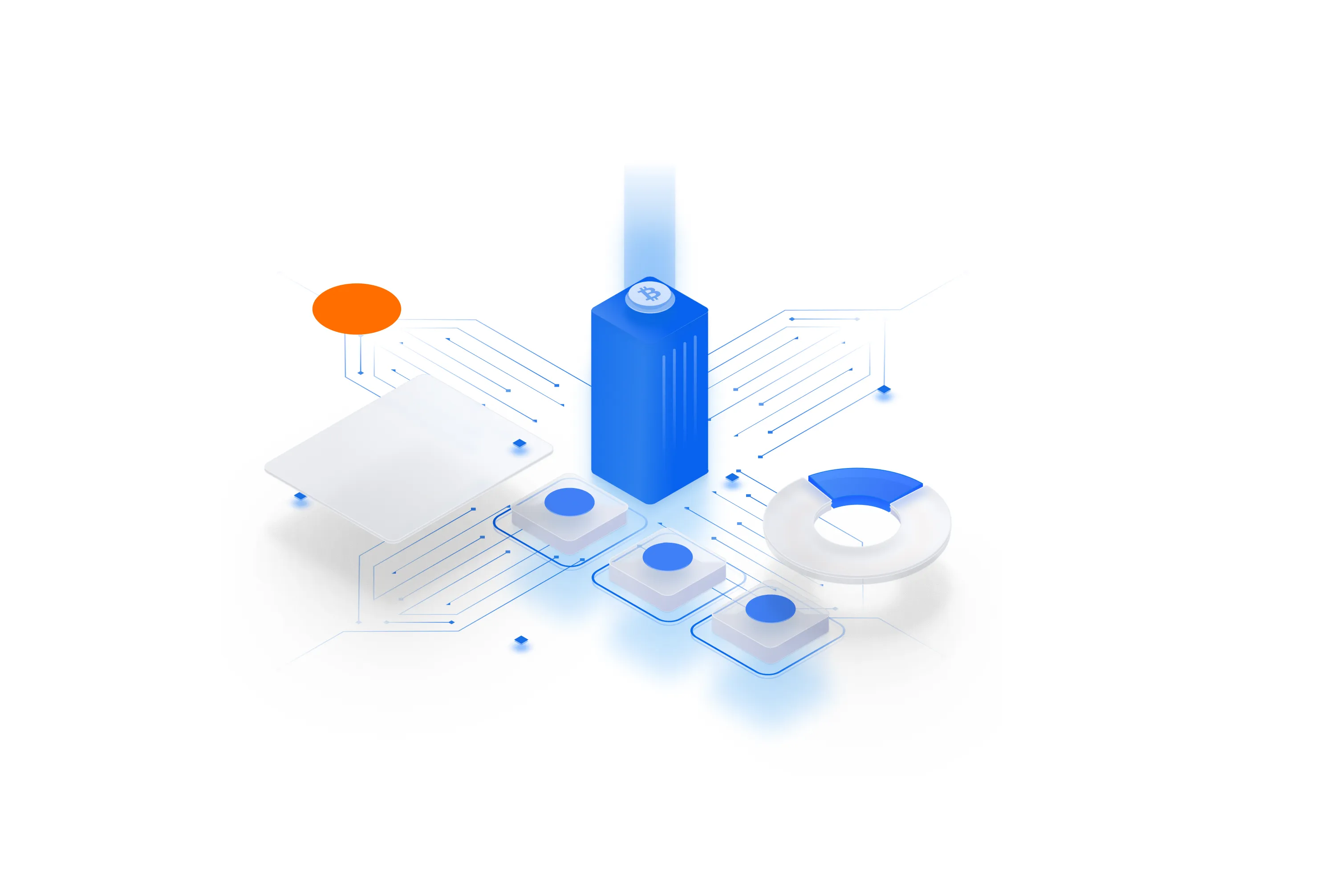 Isometric illustration of a blue tower on a circuit-like board with a donut chart and three buttons