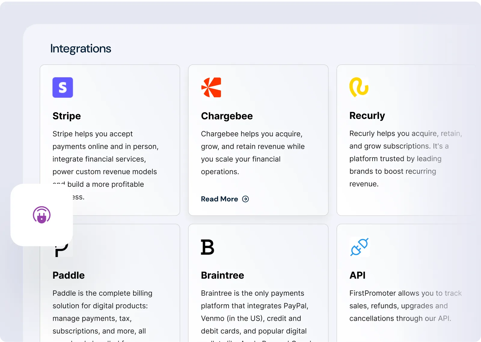 Integrations page for Stripe, Chargebee, Recurly, Paddle, Braintree and the API