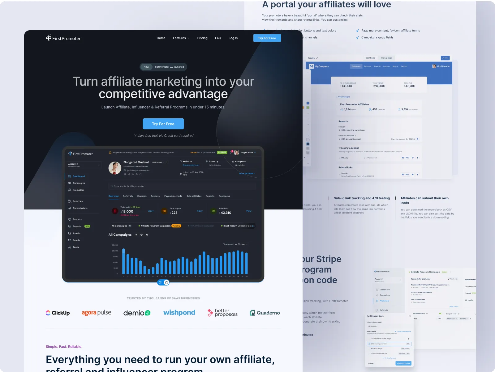 FirstPromoter 2.0 landing page with a dark hero
