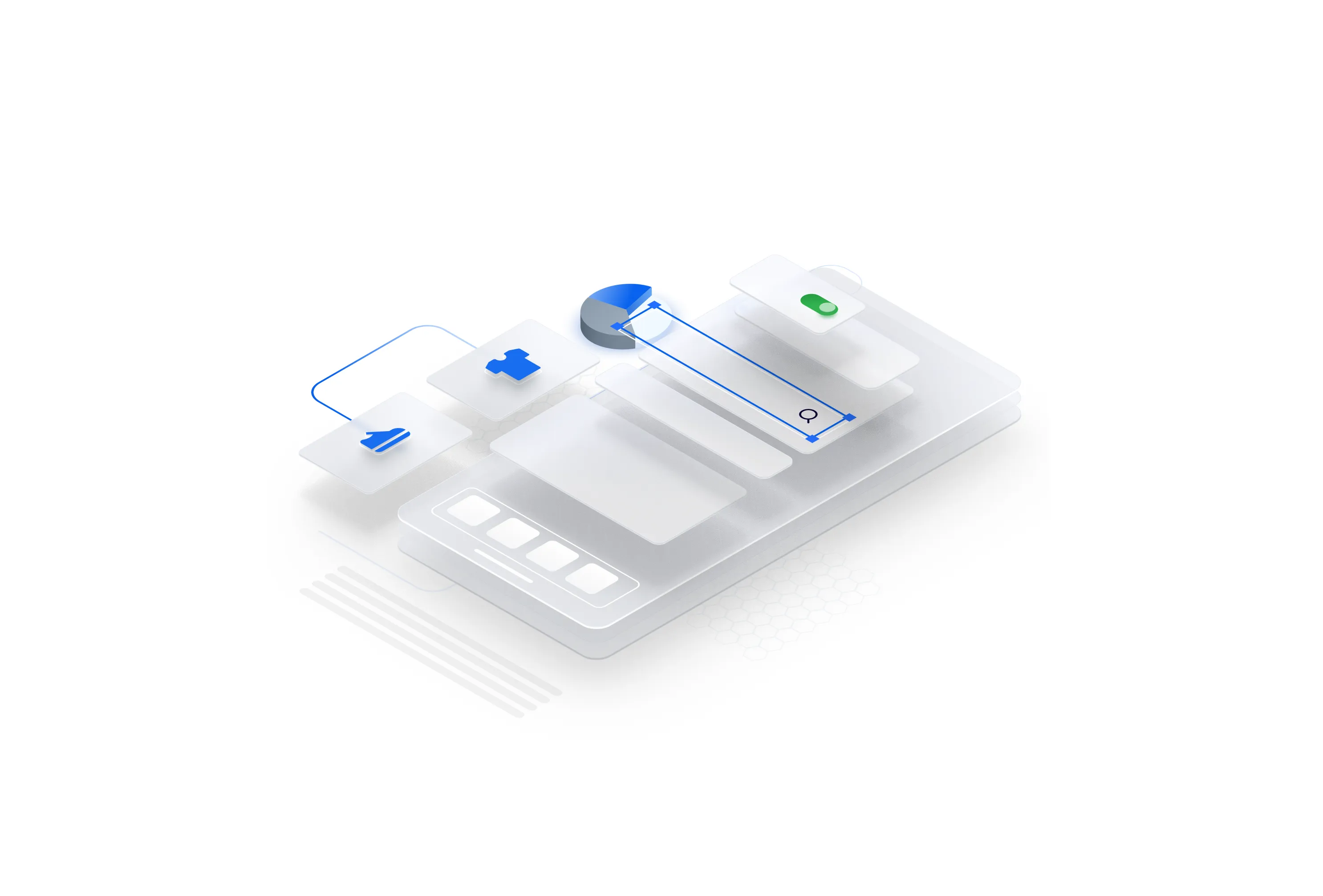 Isometric illustration of layered translucent app screens with a search field, a toggle and a pie chart