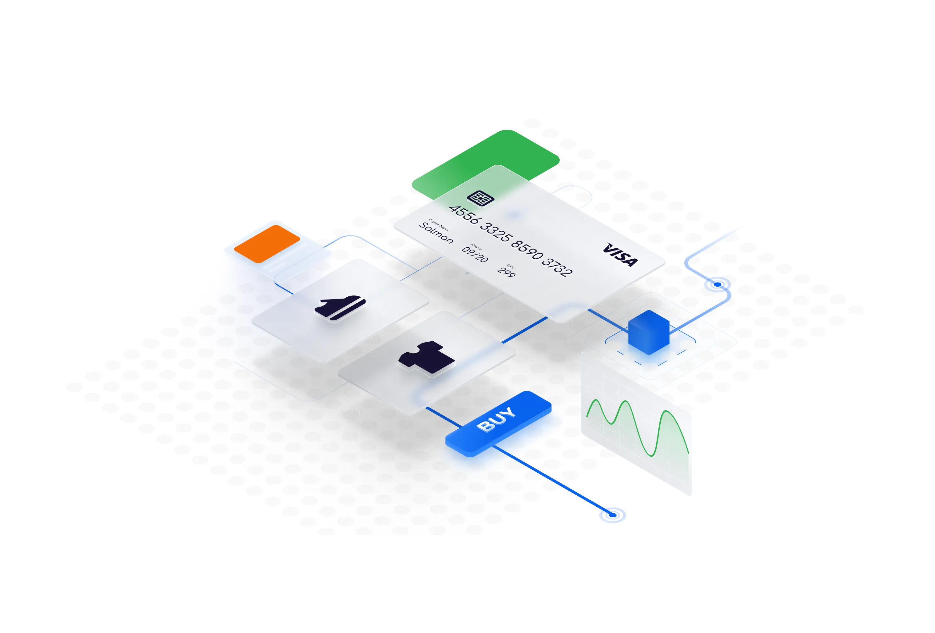 Isometric illustration of a payment card, product tiles, a Buy button and a line chart linked by lines