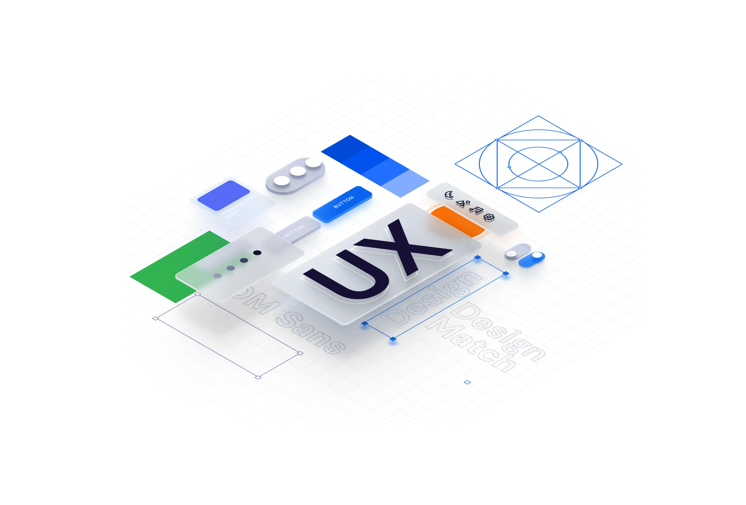 Isometric illustration of UX design elements, with buttons, toggles, colour swatches, icons and type samples around the letters UX