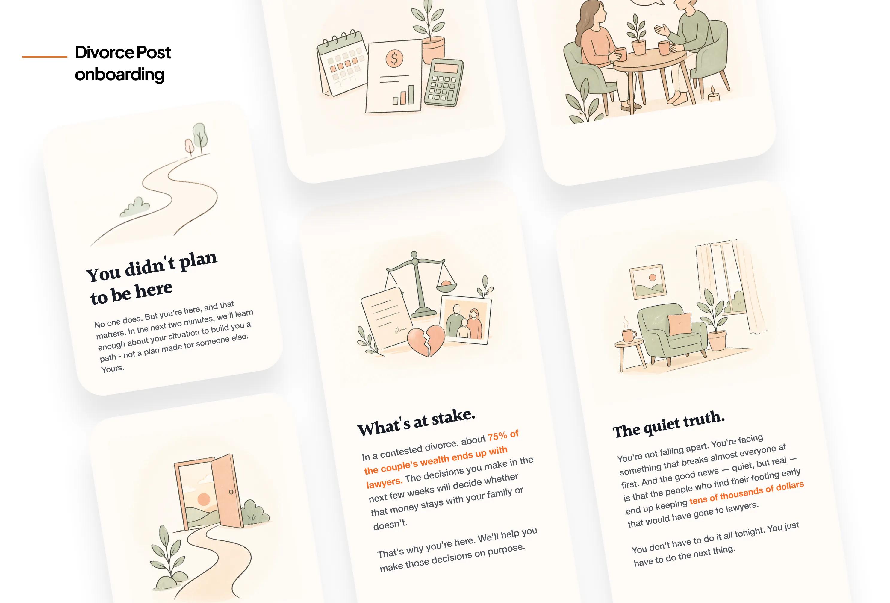 Divorce Post onboarding screens, each with a soft hand-drawn illustration, such as a winding path, a scale of justice and an armchair, above a short message