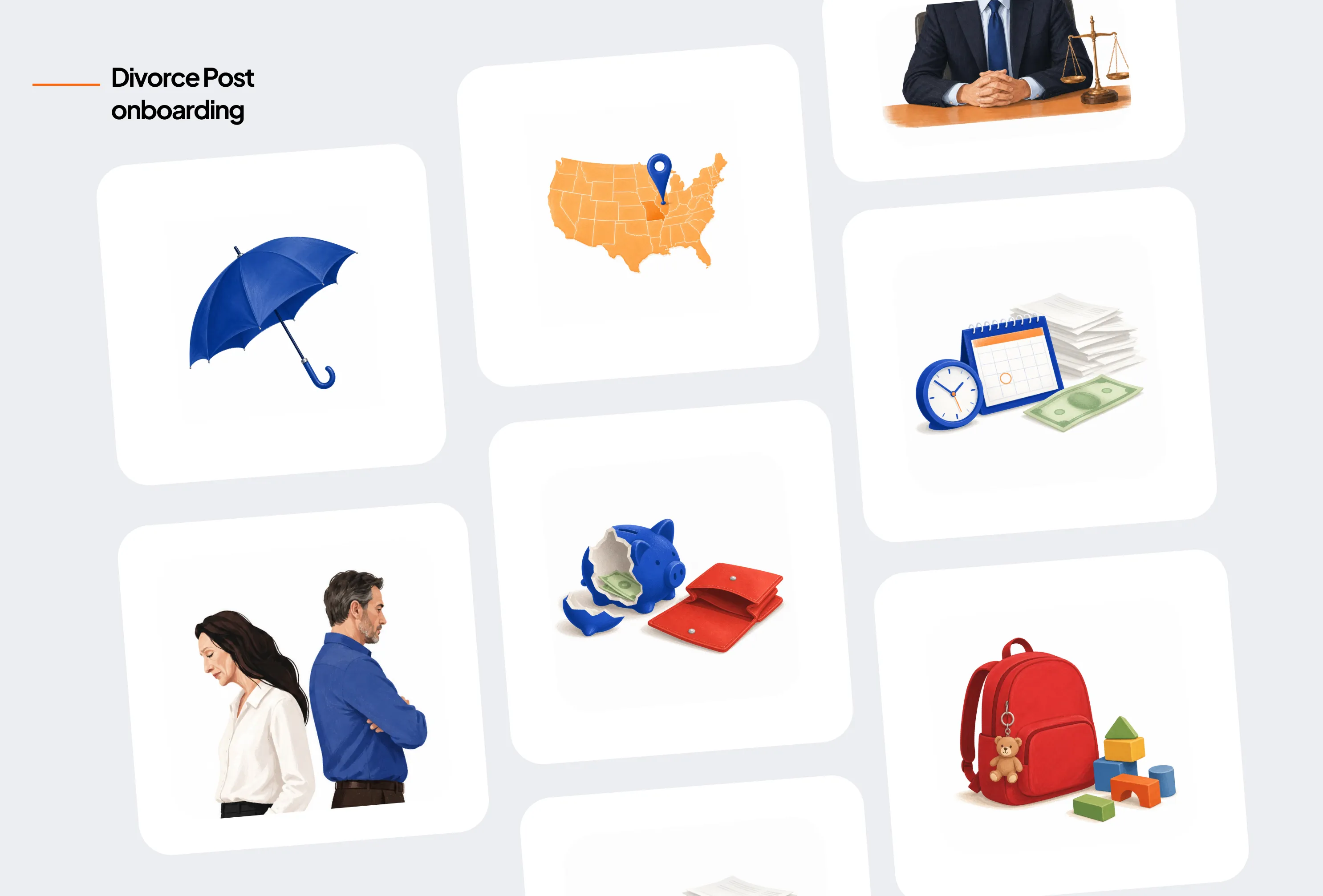 A set of realistic illustrations for the same onboarding, including an umbrella, a map of the United States, a broken piggy bank, a school backpack and two people back to back