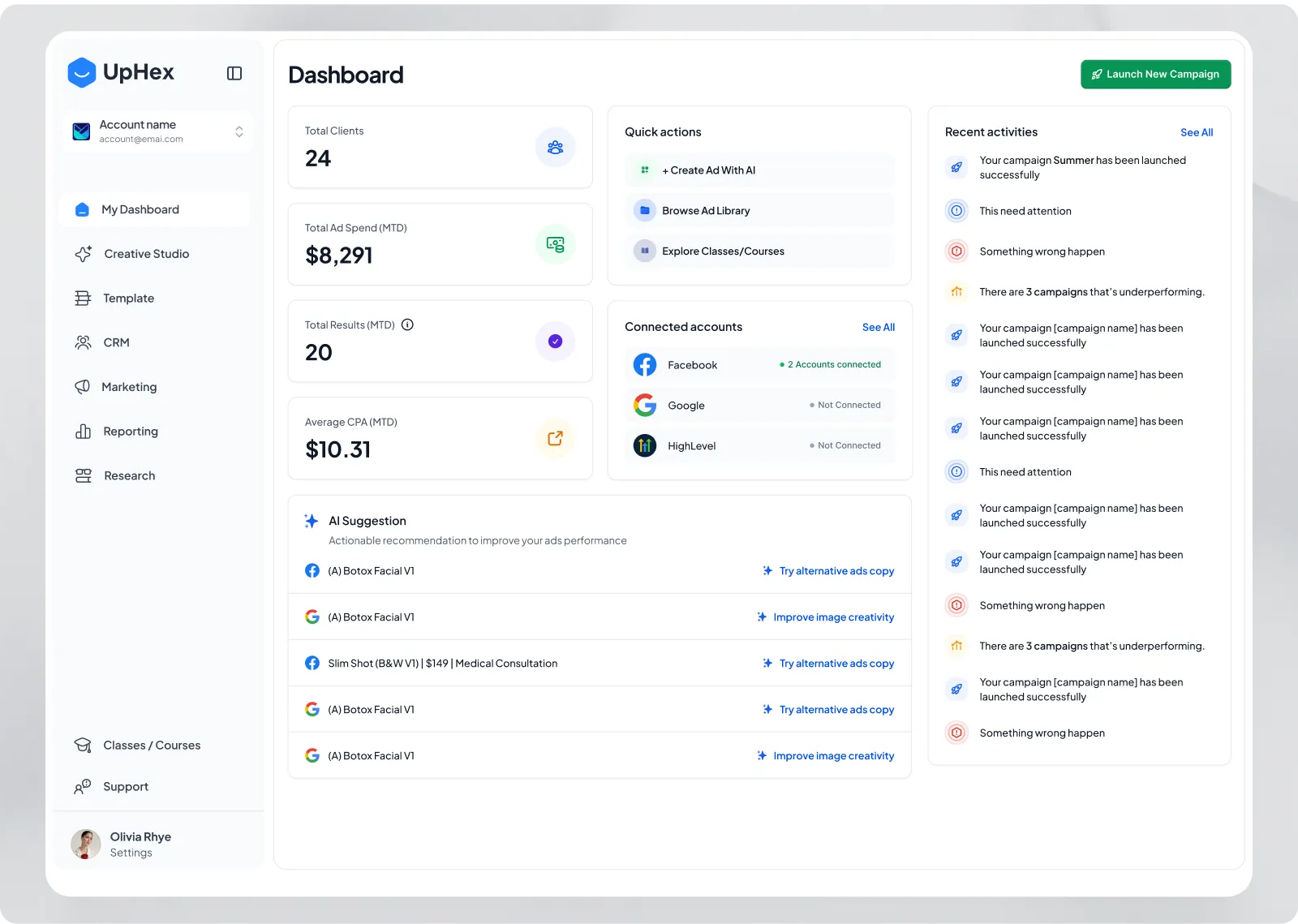 Agency dashboard with total clients, ad spend, results and average cost per result, quick actions, connected accounts, AI suggestions and recent activities