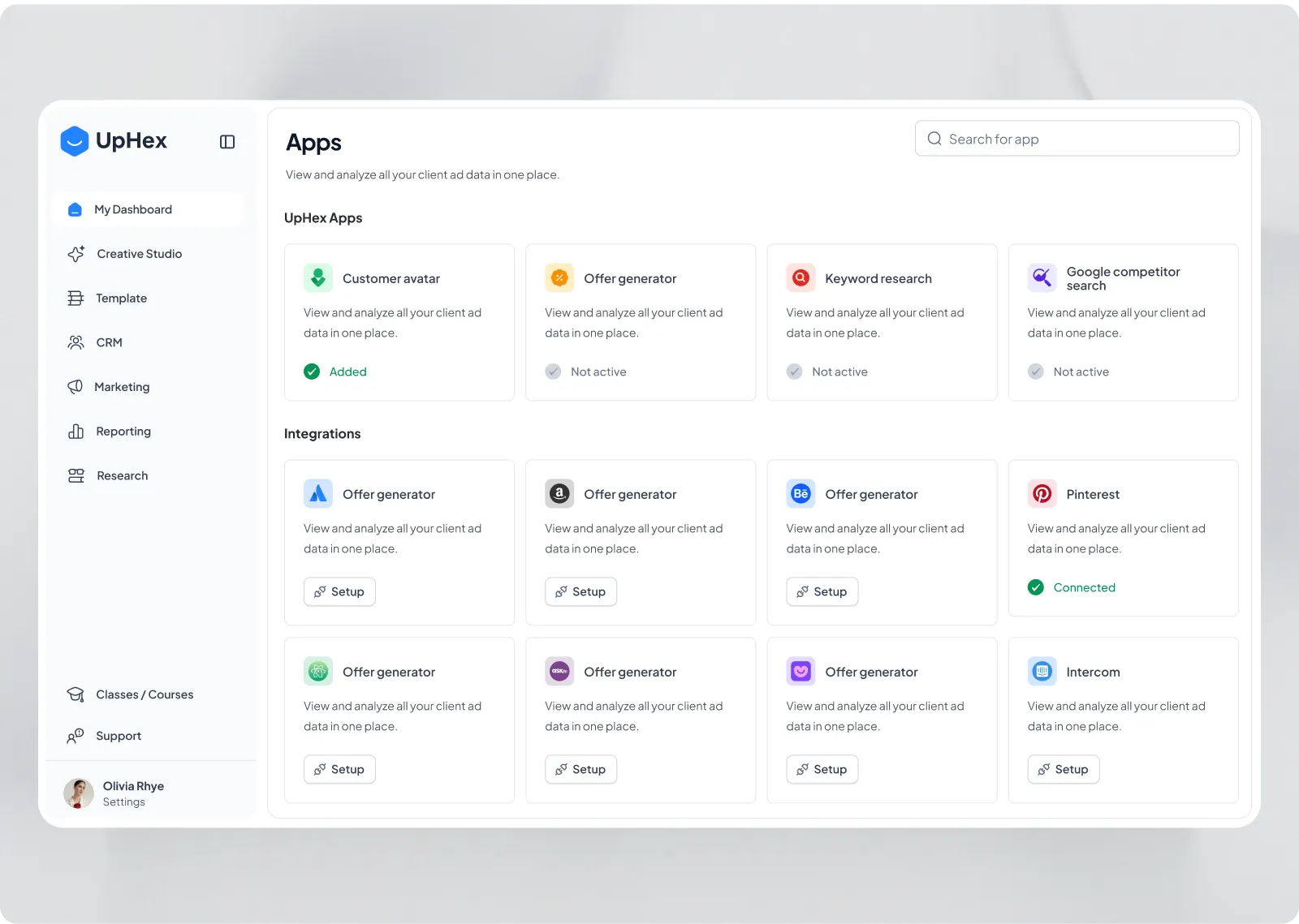 Apps page with UpHex apps such as customer avatar and keyword research, and integrations with Pinterest and Intercom, each with a setup or status label