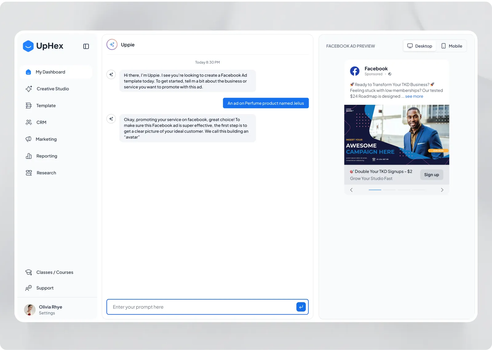 Uppie, the chat assistant, asking about the product to promote, with a Facebook ad preview on the right