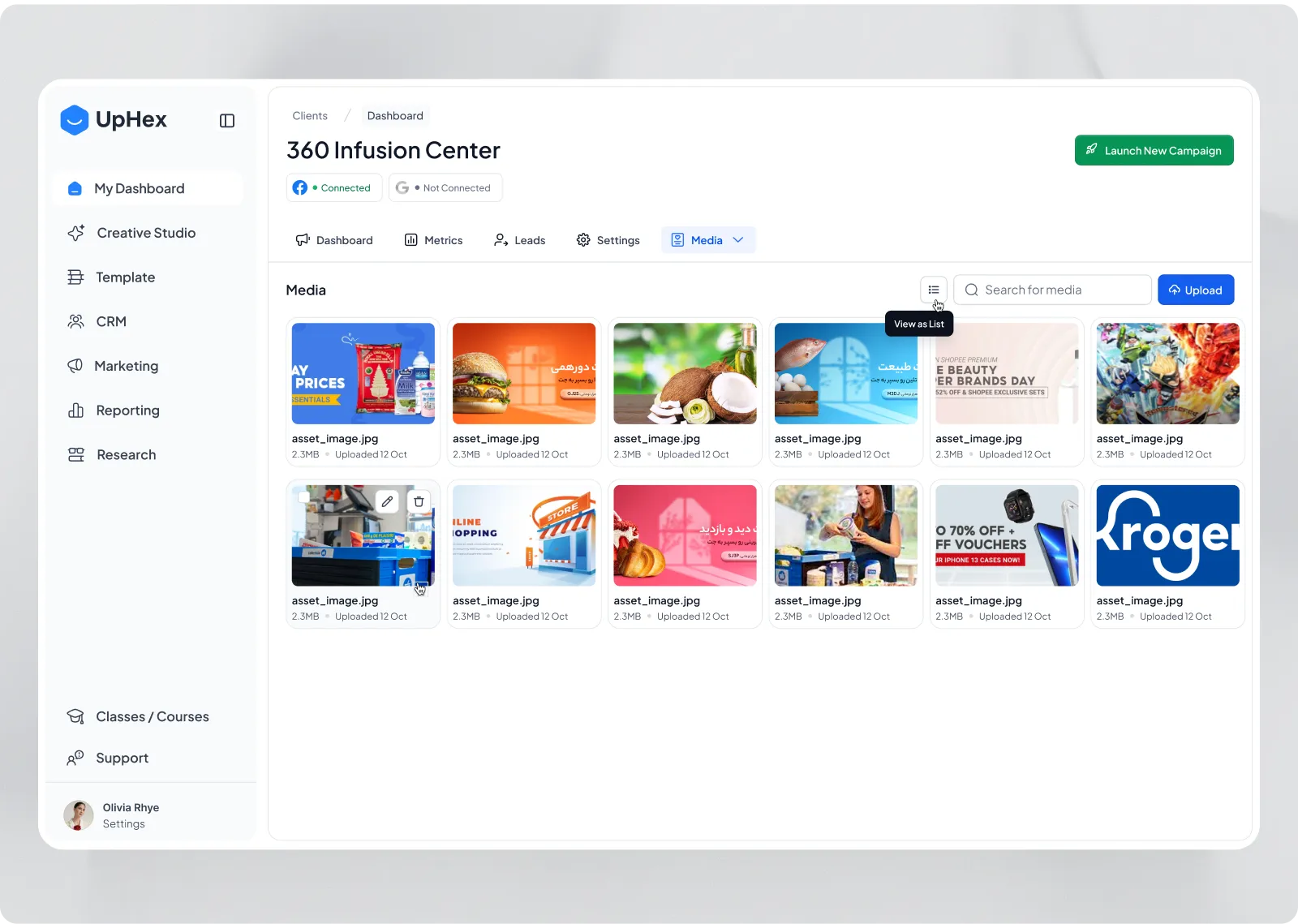 Media library for a client, with a grid of uploaded ad images, a search field, a list view toggle and an upload button