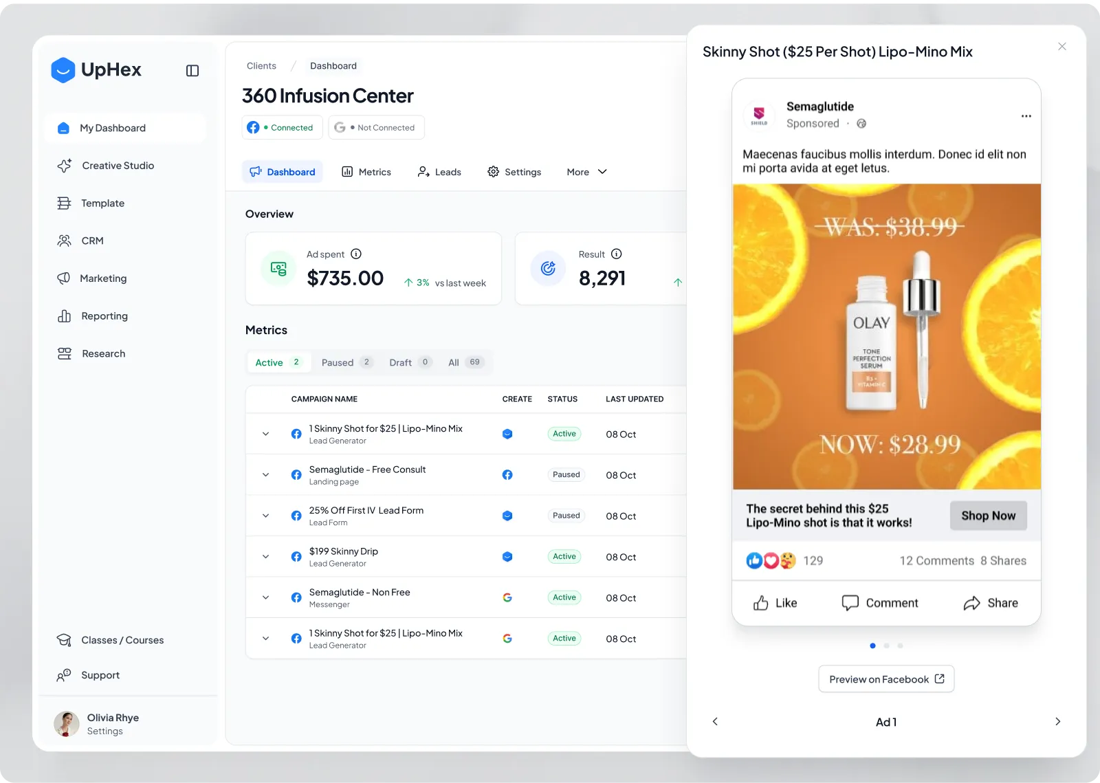A side panel over the campaign table showing a Facebook ad preview with its image, copy, call to action and a Preview on Facebook link
