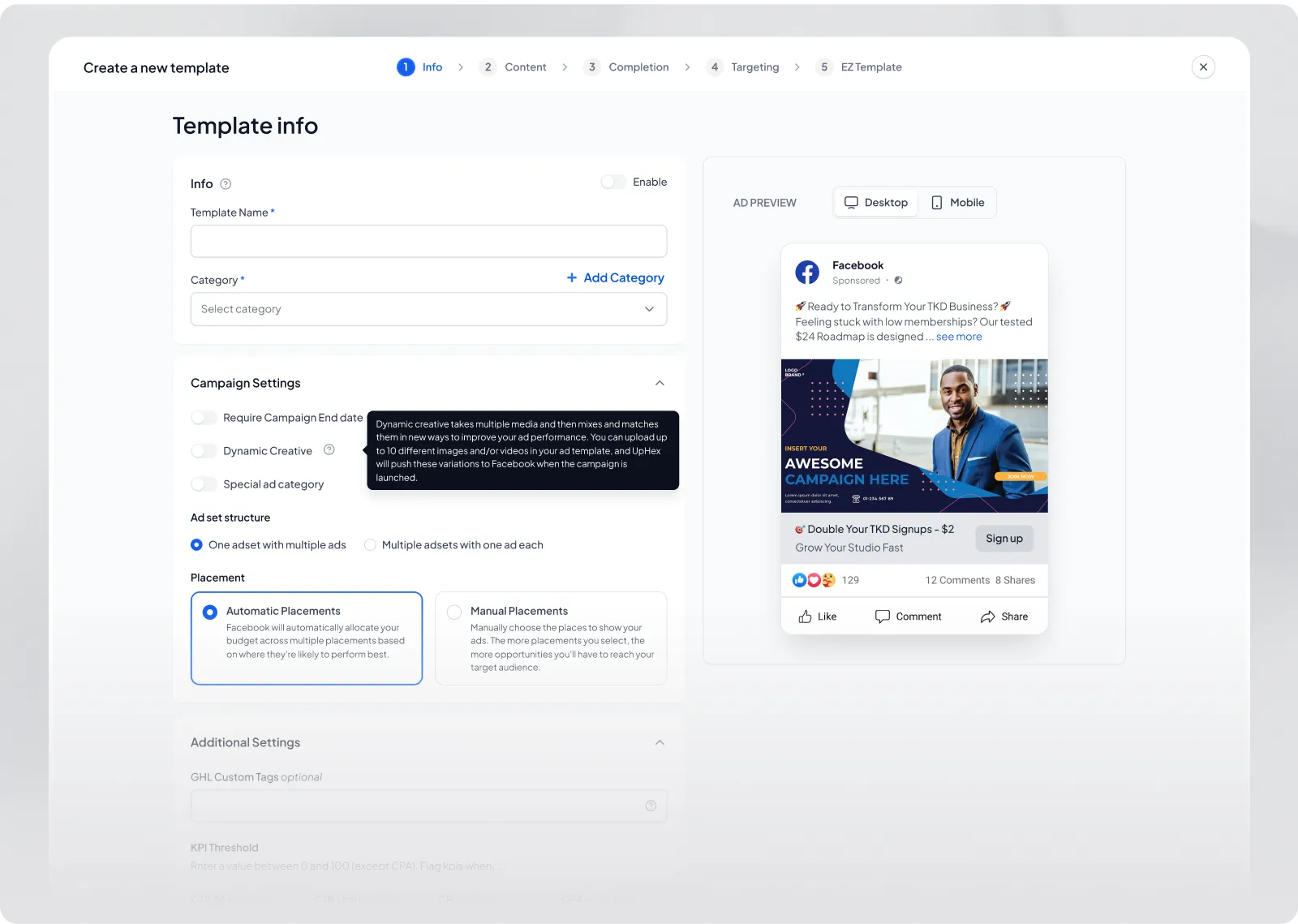 Create a new template, step one of five, with template info and campaign settings beside a live Facebook ad preview