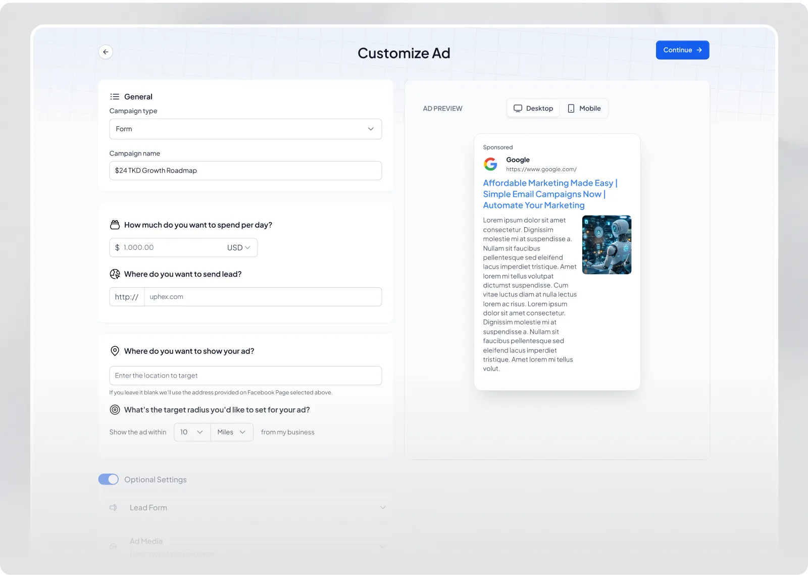 Customize Ad form asking for campaign type, daily spend, where to send leads and where to show the ad, beside a Google ad preview