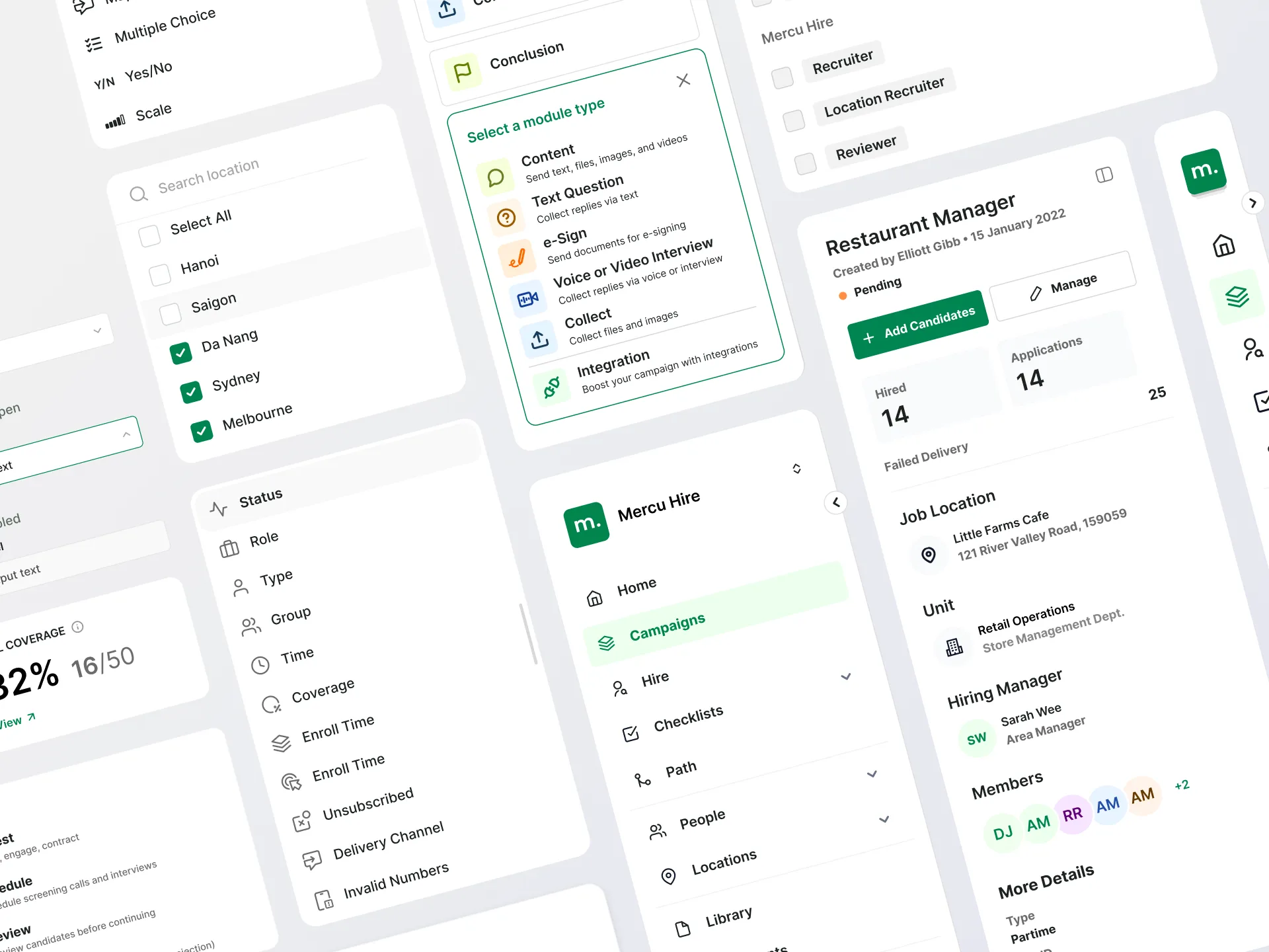 Mercu design system components at an angle - menus, module list, filters, metrics and the sidebar