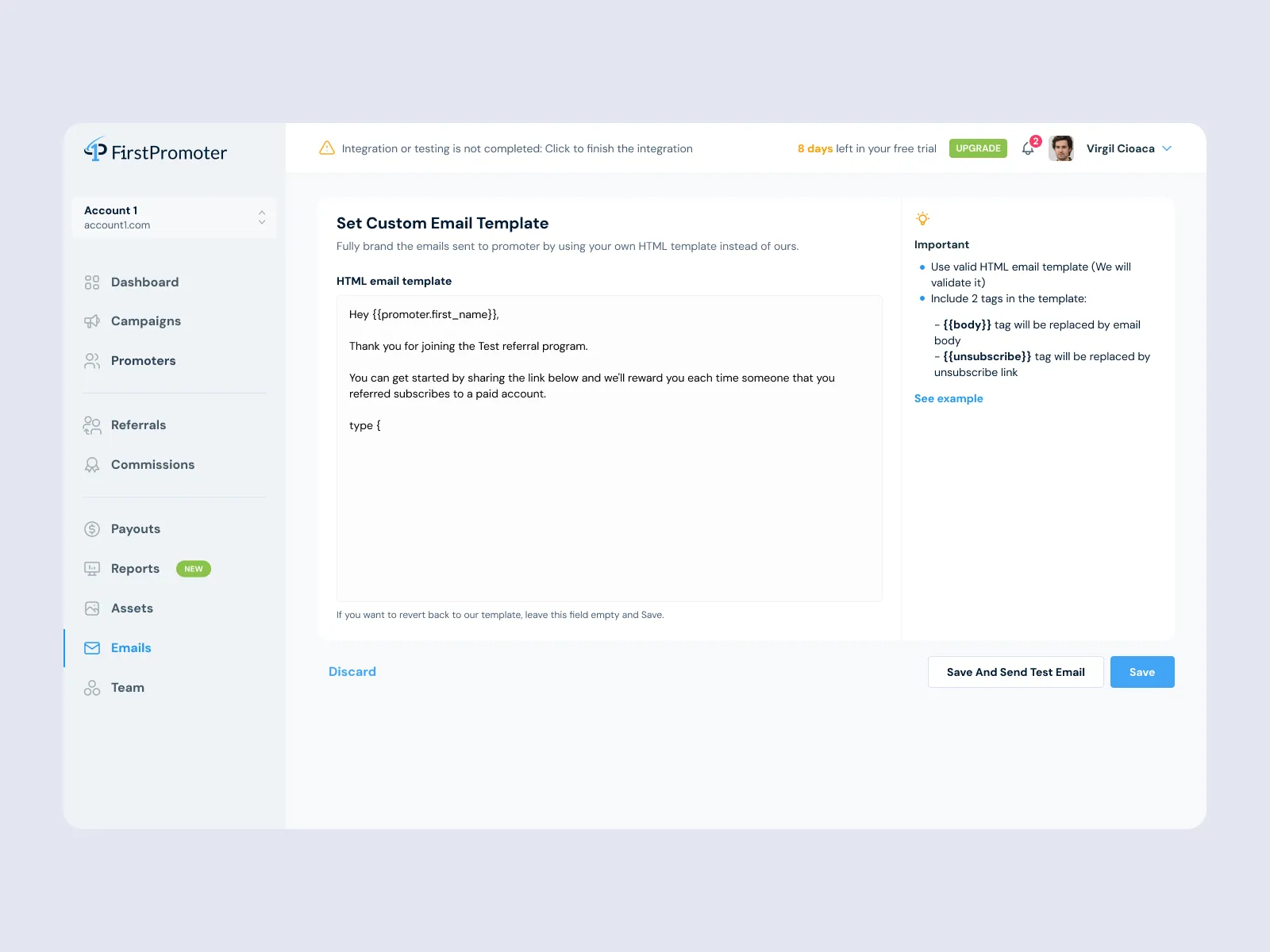 Custom HTML email template editor for promoter emails