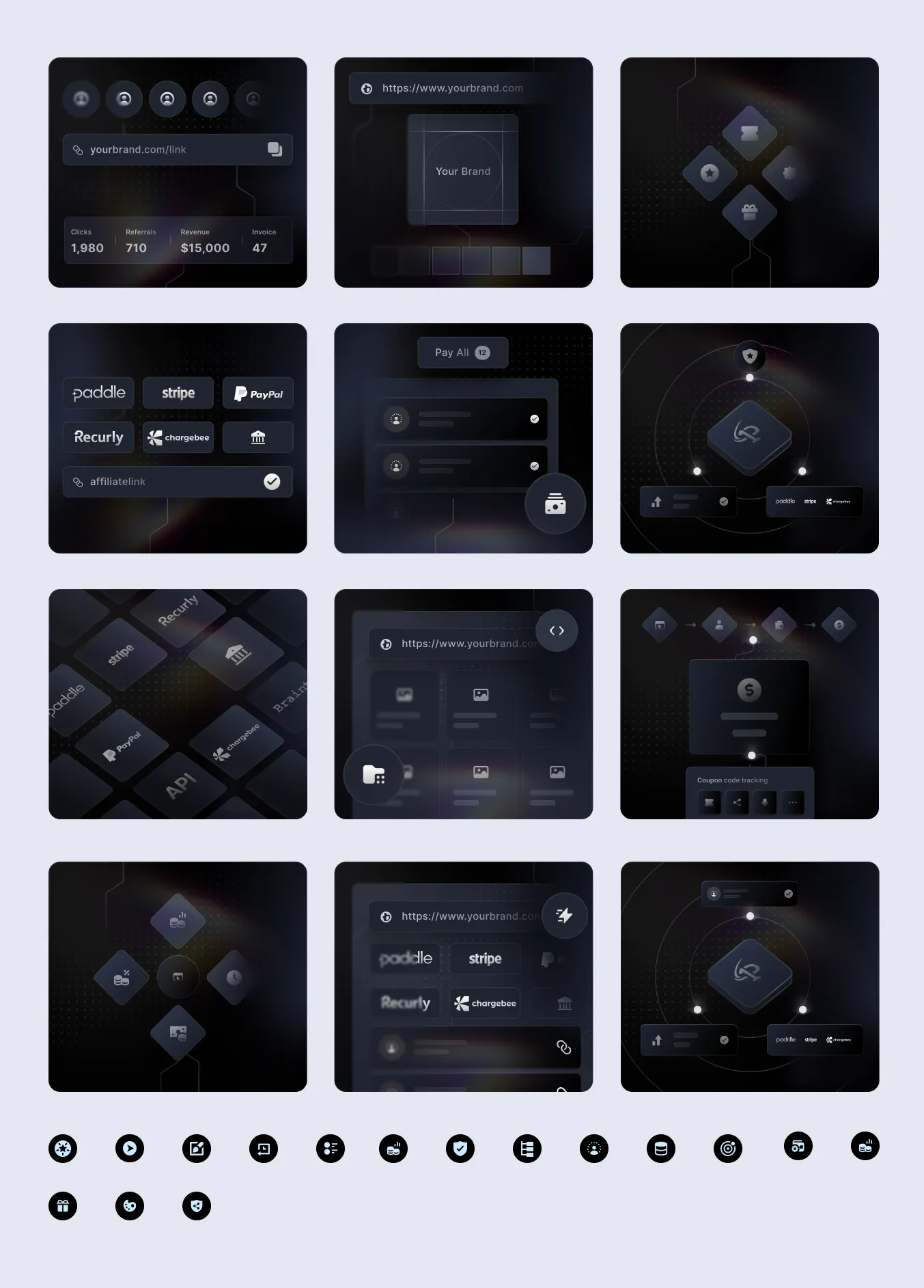 Dark illustrations and icon set made for the FirstPromoter landing page