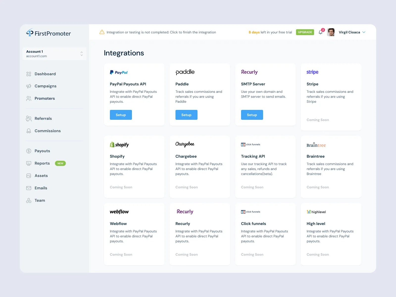 Integrations settings with PayPal Payouts, Paddle, SMTP, Stripe and upcoming providers