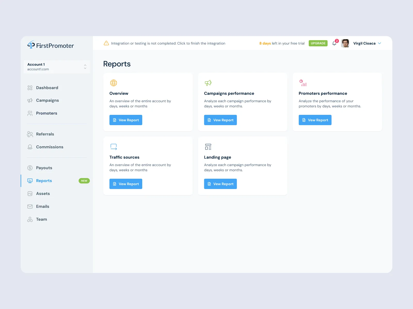 Reports overview with account, campaign, promoter, traffic and landing page reports