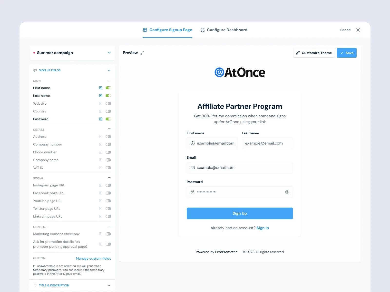 Signup page editor with field toggles beside a live preview of the affiliate signup form