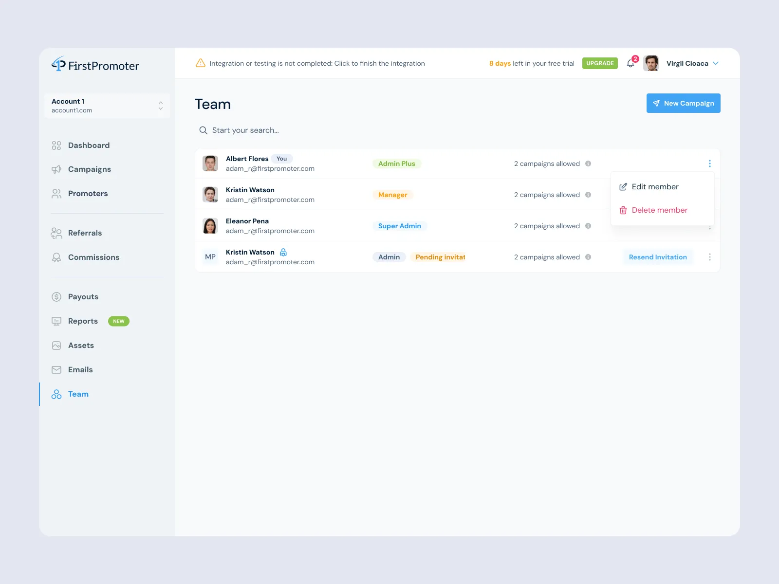 Team page with member roles and campaign access