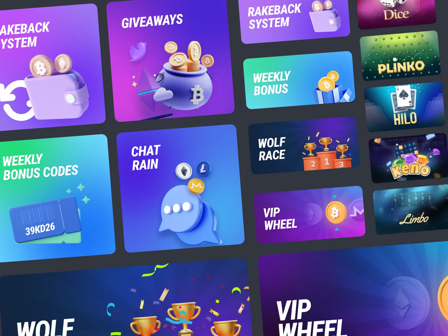 Promotion cards and game tiles at an angle: Rakeback System, Giveaways, Chat Rain, Weekly Bonus Codes, Wolf Race, VIP Wheel, Plinko, HiLo, Keno and Limbo