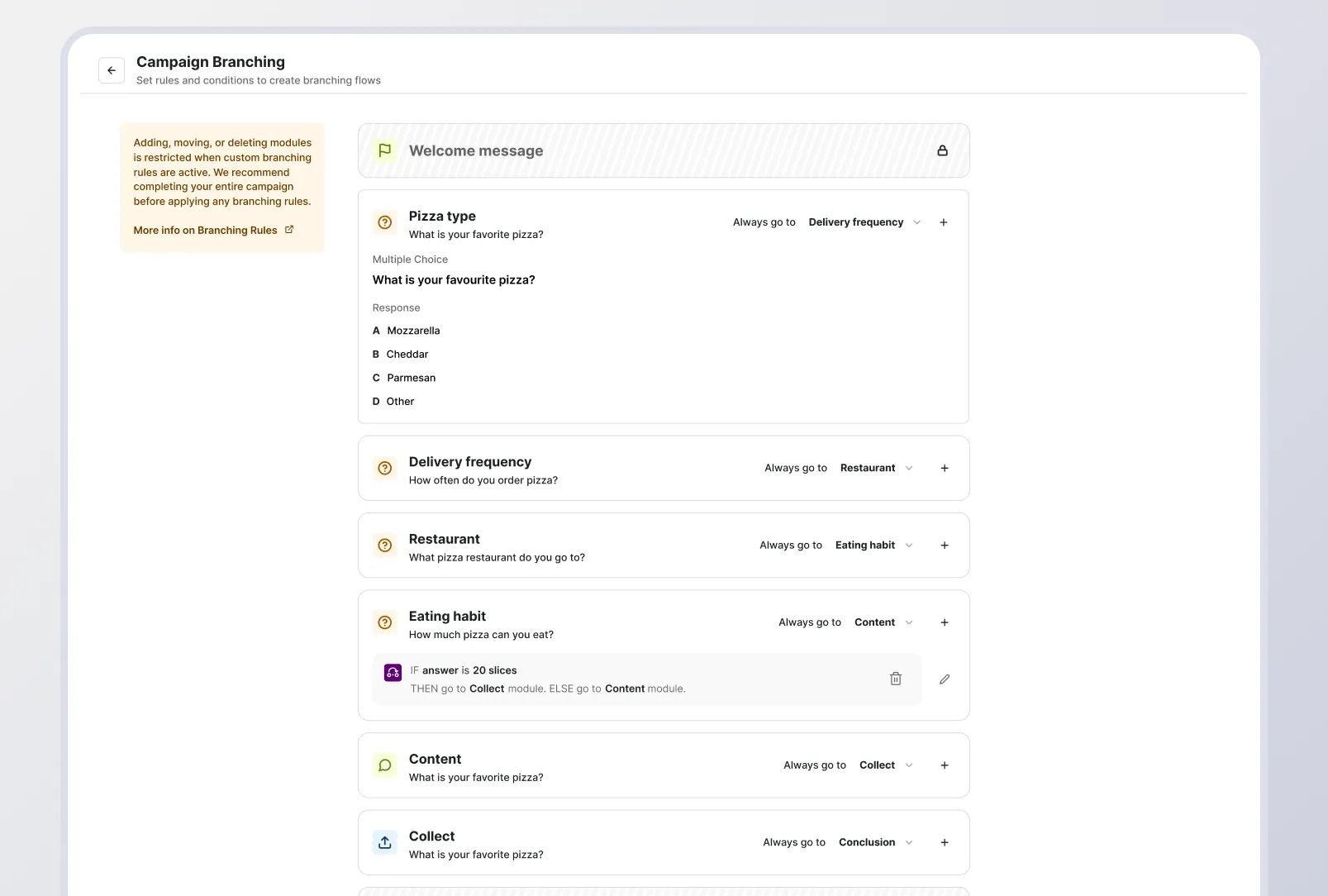 Campaign branching screen where a question can route to different modules based on the answer