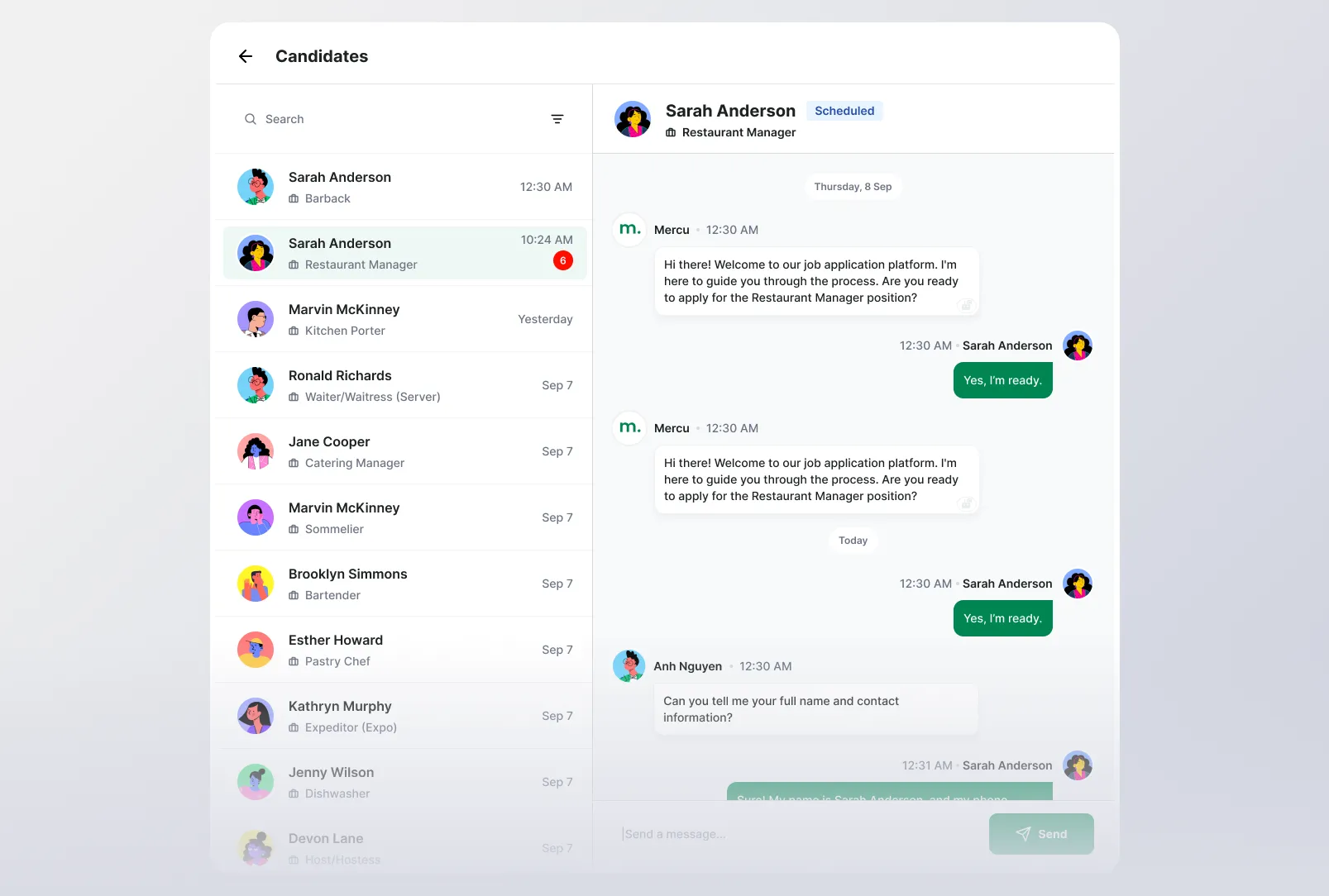 Candidates inbox with a conversation list and a chat that guides an applicant through the process