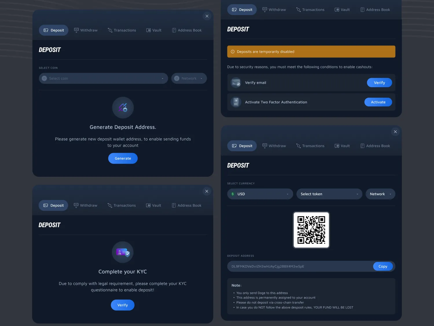 Deposit panel states: generate a deposit address, complete KYC, deposits temporarily disabled with verify email and two-factor steps, and a QR code with a copy button