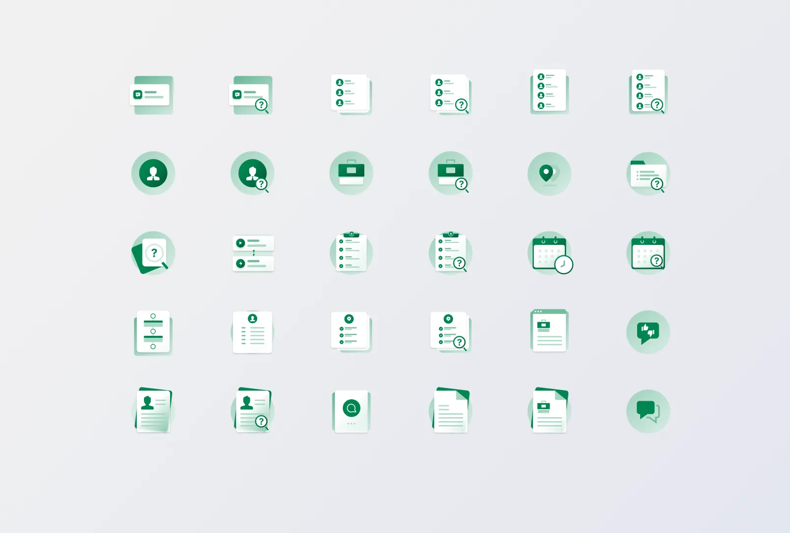 Set of green empty-state illustrations for lists, jobs, schedules, chats and documents