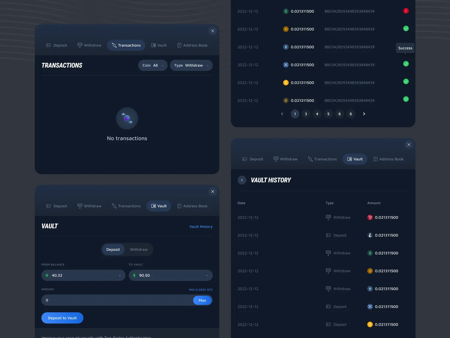Transactions with an empty state, a transaction list with status icons, the Vault with a deposit form, and the Vault history