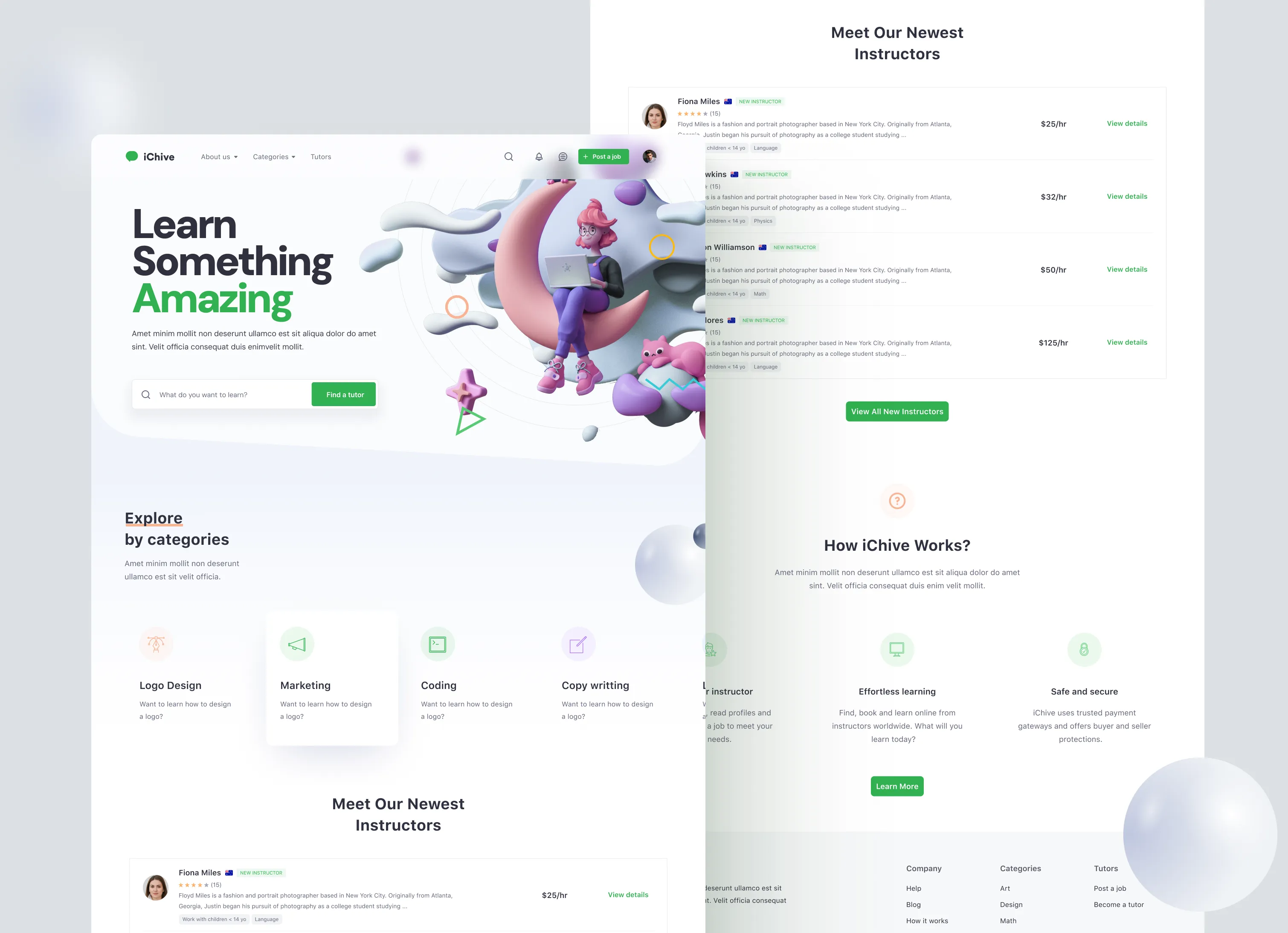 iChive landing page with a hero, categories, newest instructors and a how-it-works section