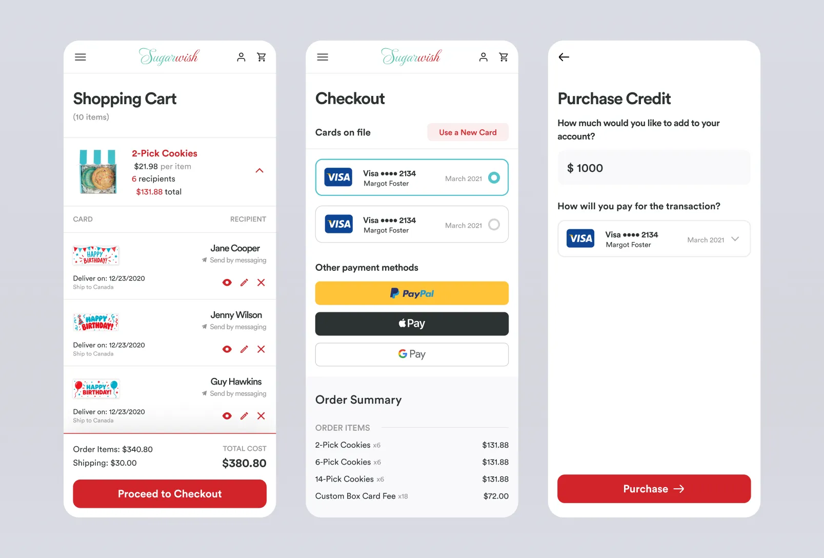 Mobile shopping cart, checkout with saved cards and wallet payments, and a Purchase Credit screen