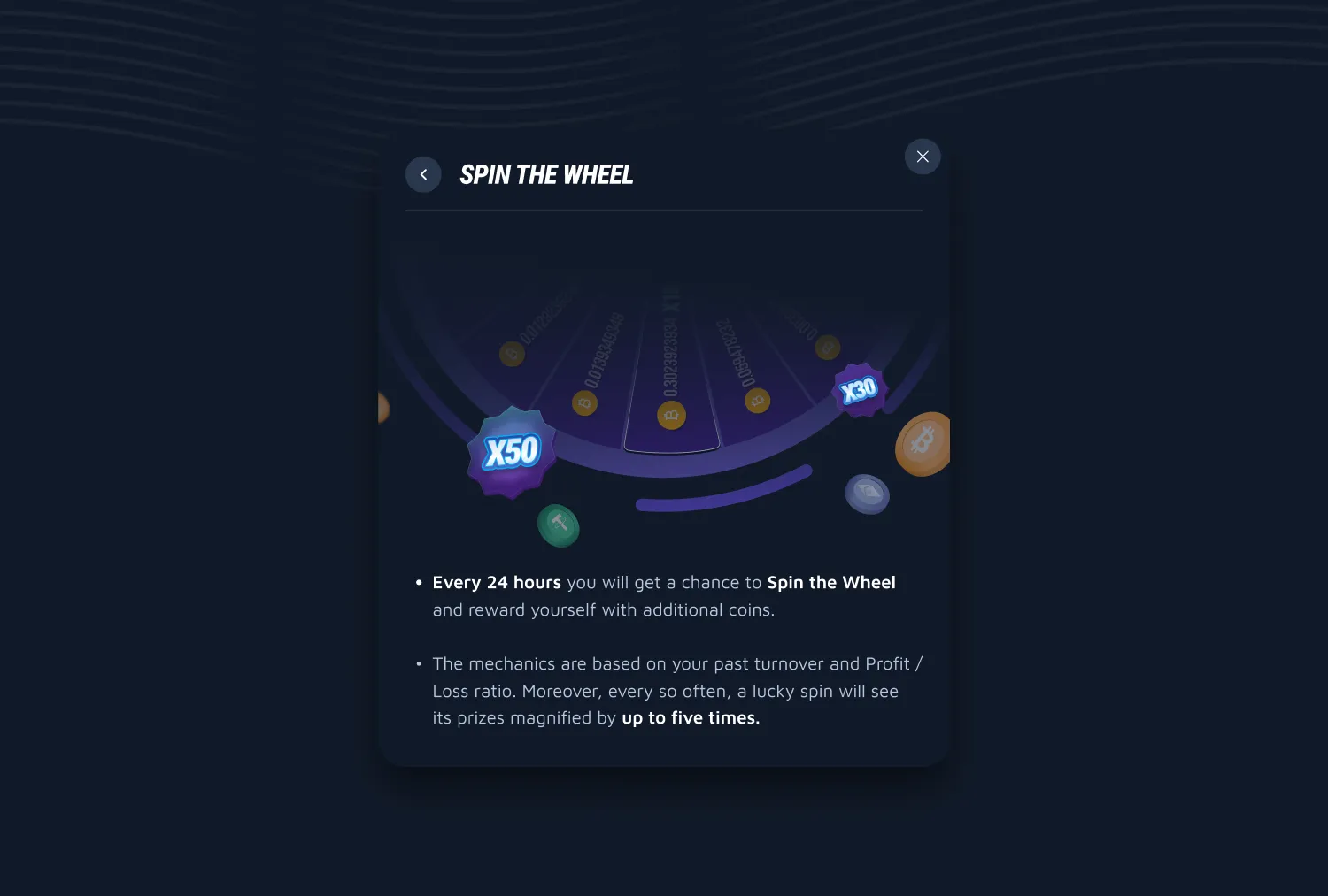 Spin the Wheel screen explaining the daily spin, with the wheel, X50 and X30 multipliers and coins