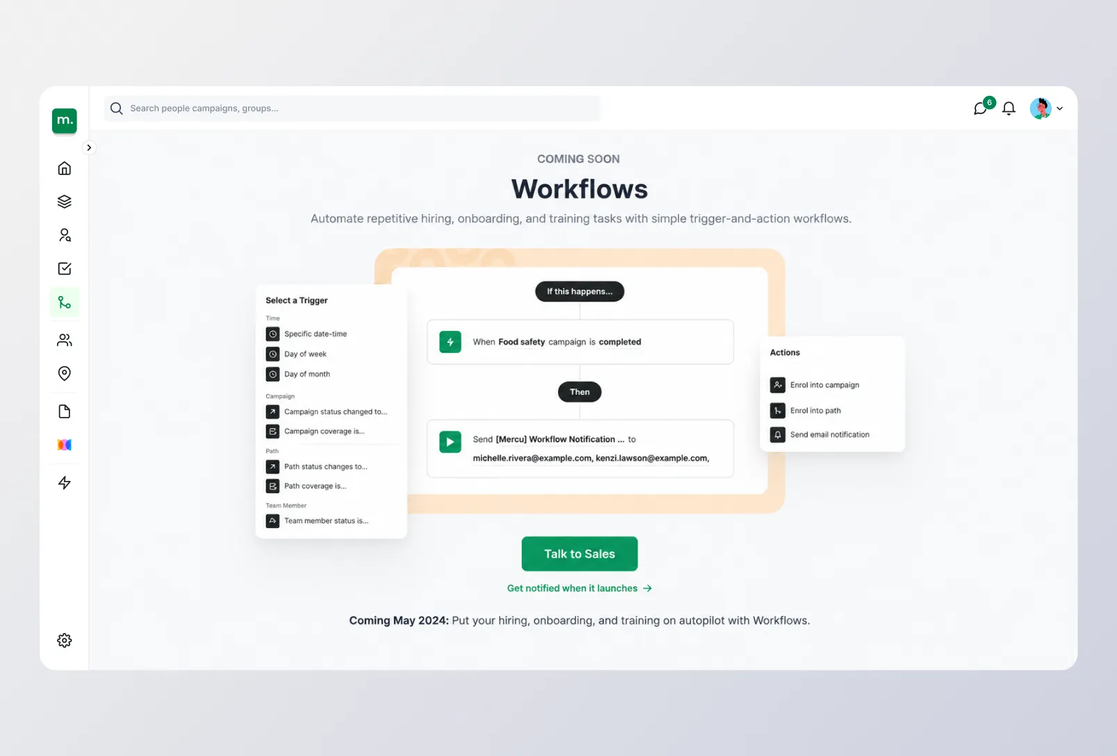 Workflows page announcing automation with trigger-and-action rules