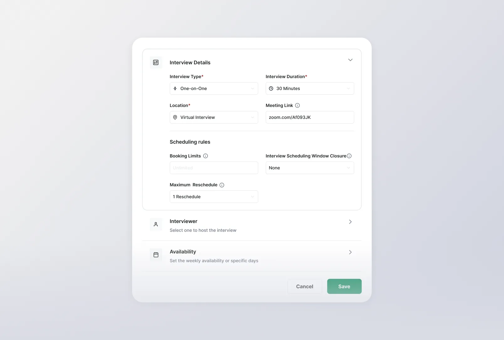 Interview settings with type, duration, location and scheduling rules